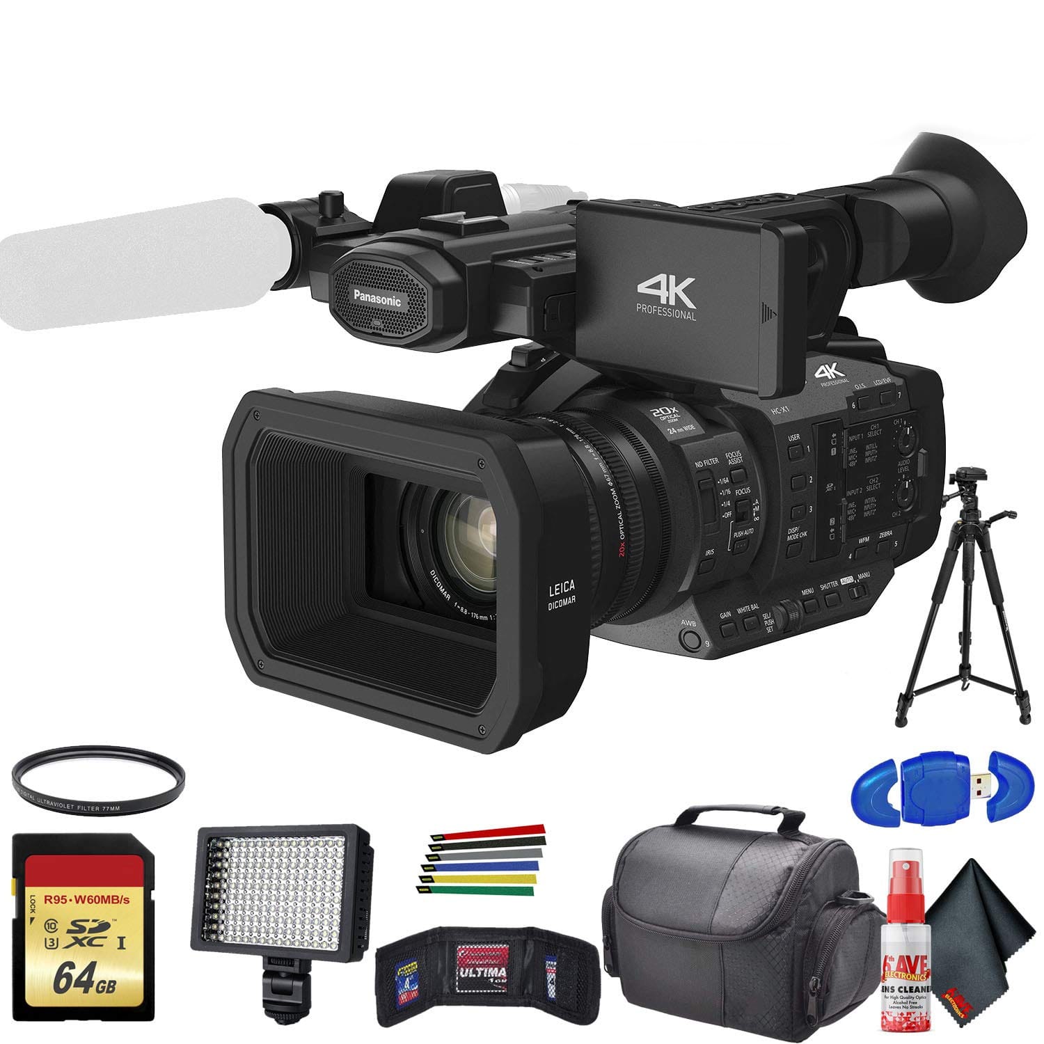 Panasonic - HC-X1 Ultra HD 4K Professional Camcorder (HC-X1) with UV Filter, Tripod, Padded Case, LED Light, 64GB Memory C