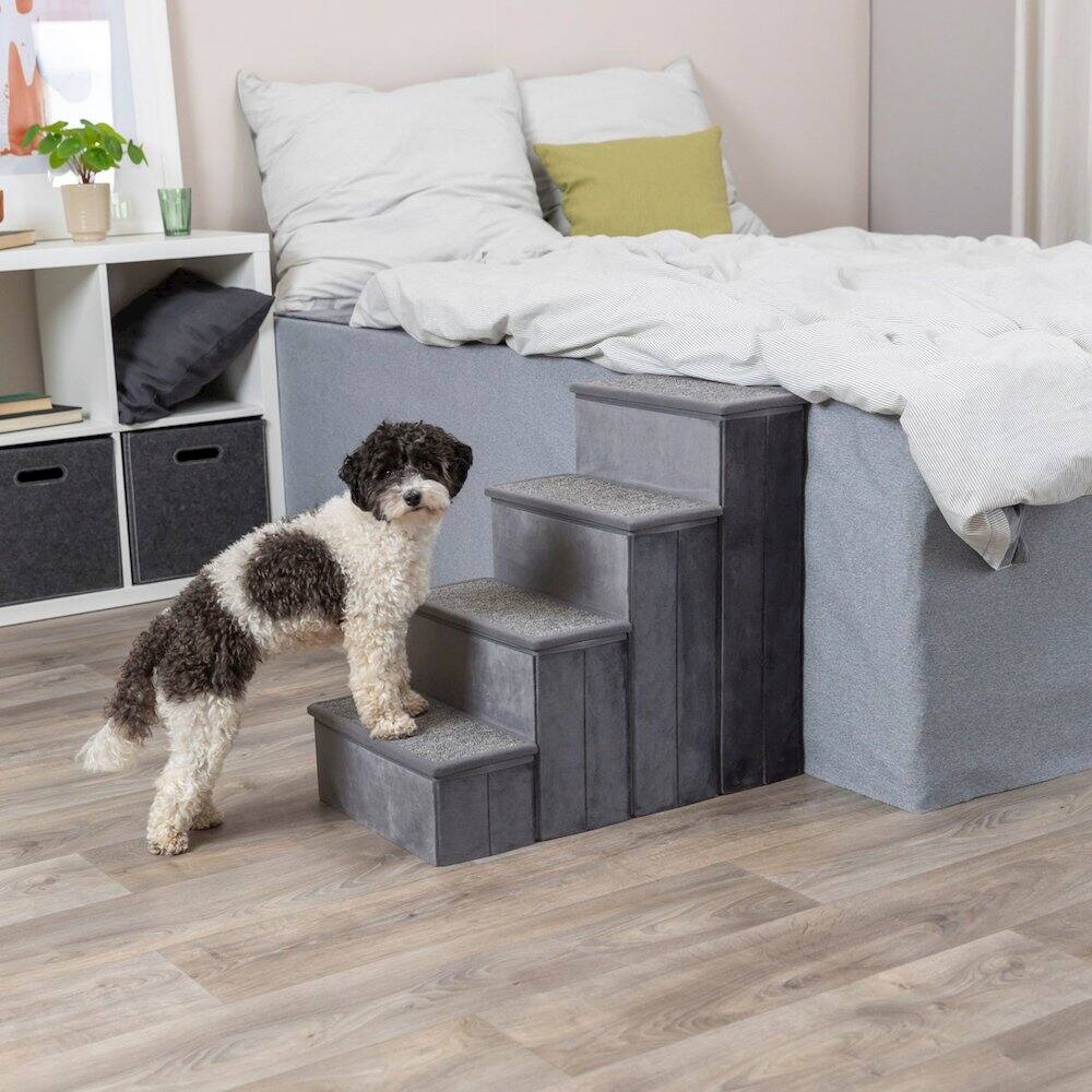 Angle. TRIXIE - 4-Step Foldable Velour Pet Stairs with Storage, Gray - Gray.