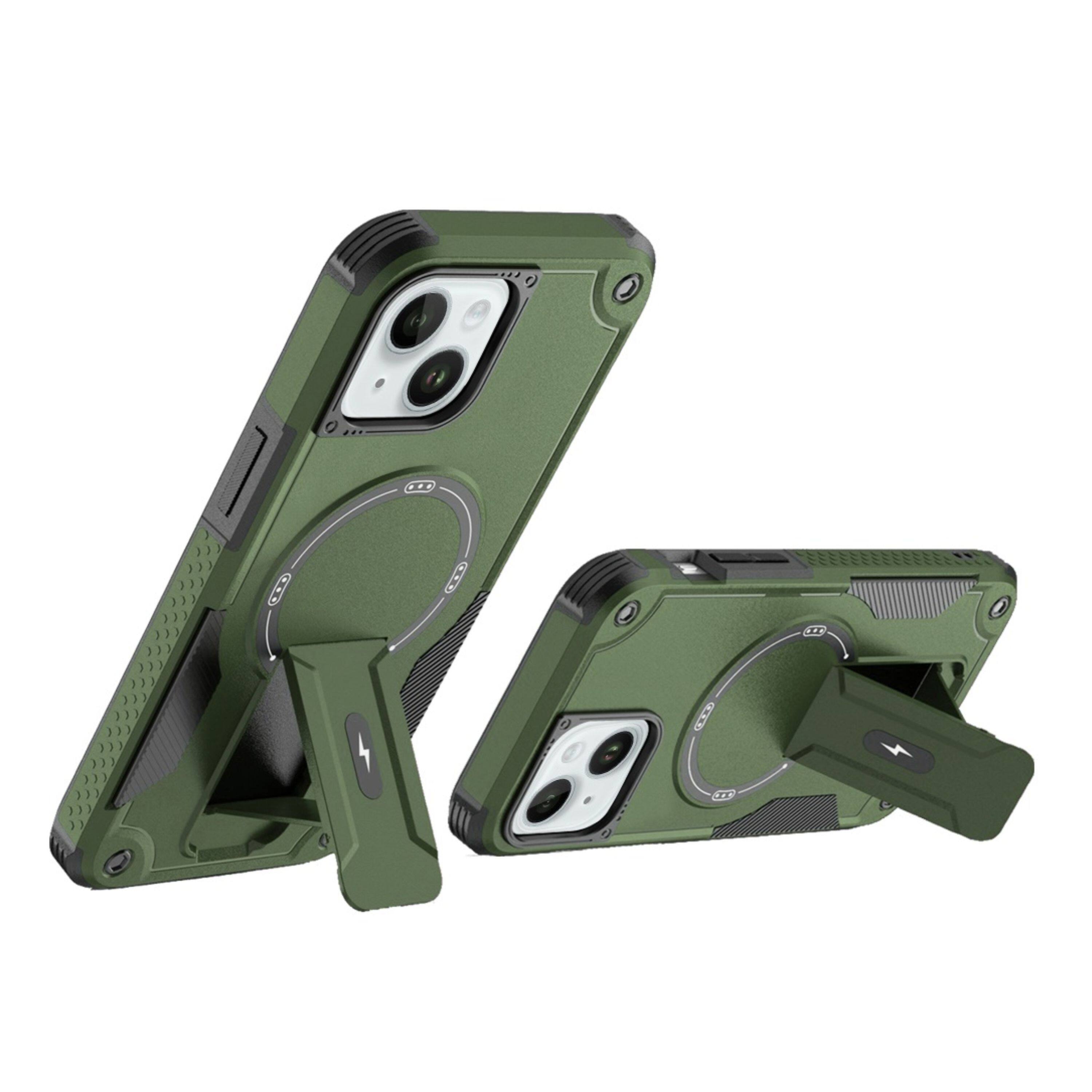 Back. Kitcheniva - Magnetic Circle Rugged Grip Kickstand Phone Case With 2 Pcs Tempered Glass For iPhone 15 Plus Midnight Green - Midnight Green.