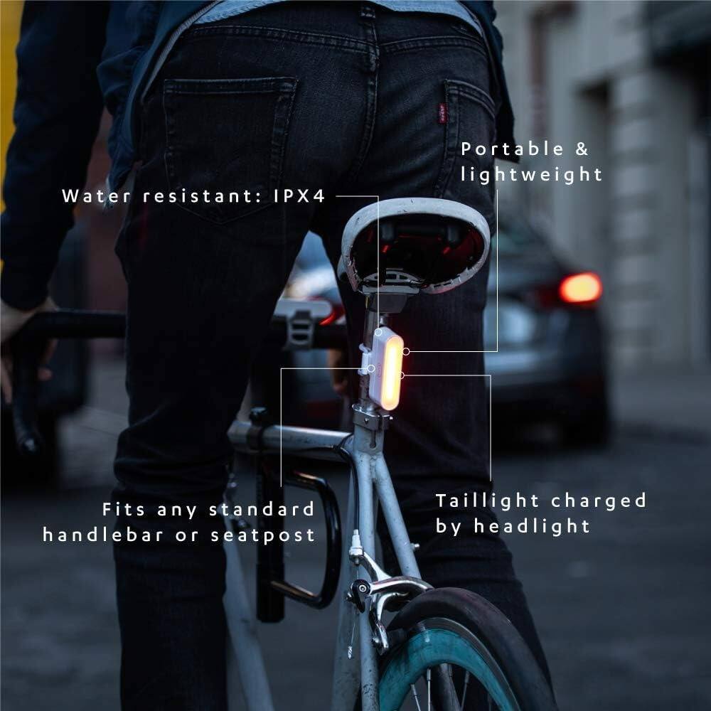 - Water resistant: IPX4
- Portable & lightweight
- Fits any standard handlebar or seatpost
- Taillight charged by headlight