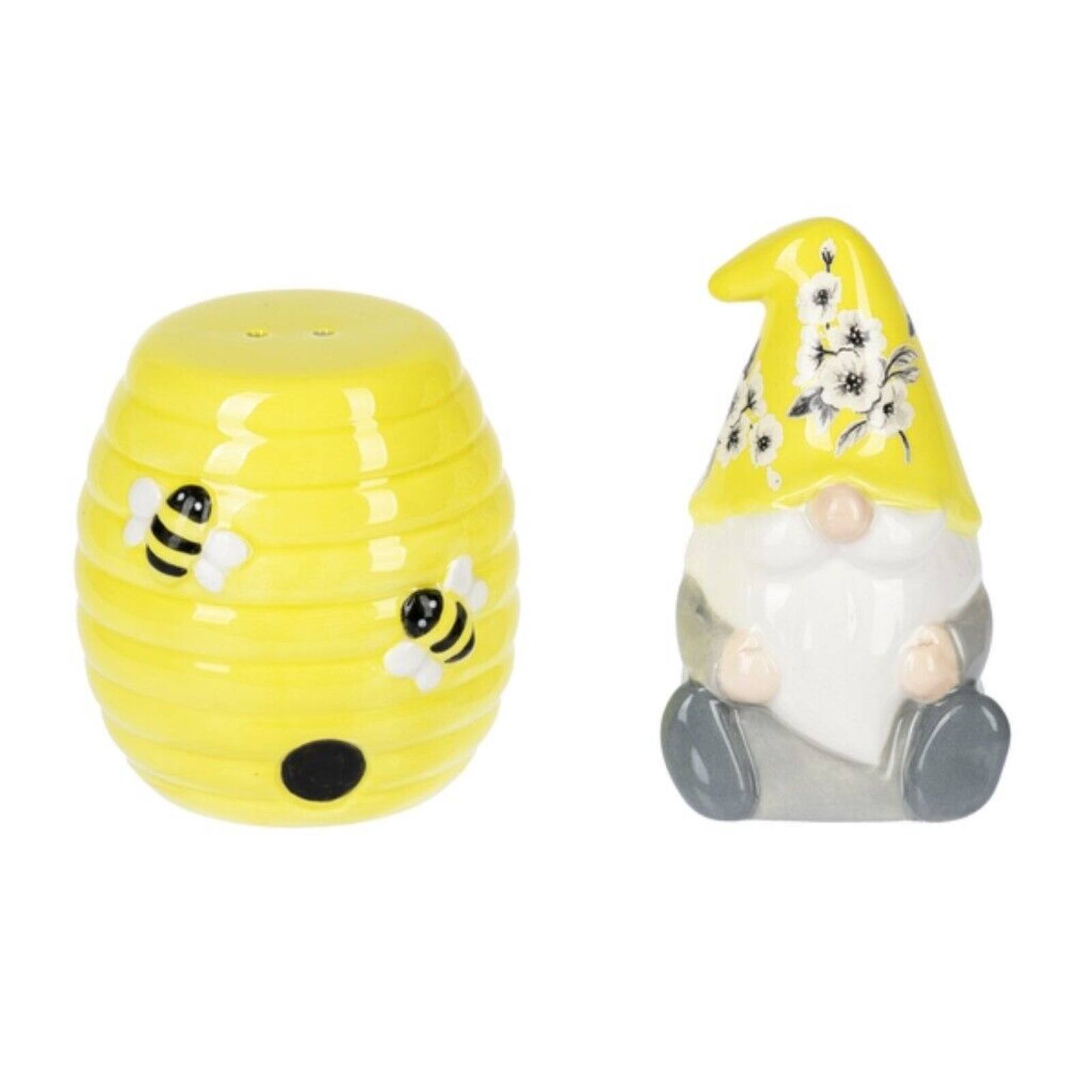 Angle. Ganz - Tabletop Bee Gnome and Beehive Salt and Pepper Set Made from Dolomite - Yellow.