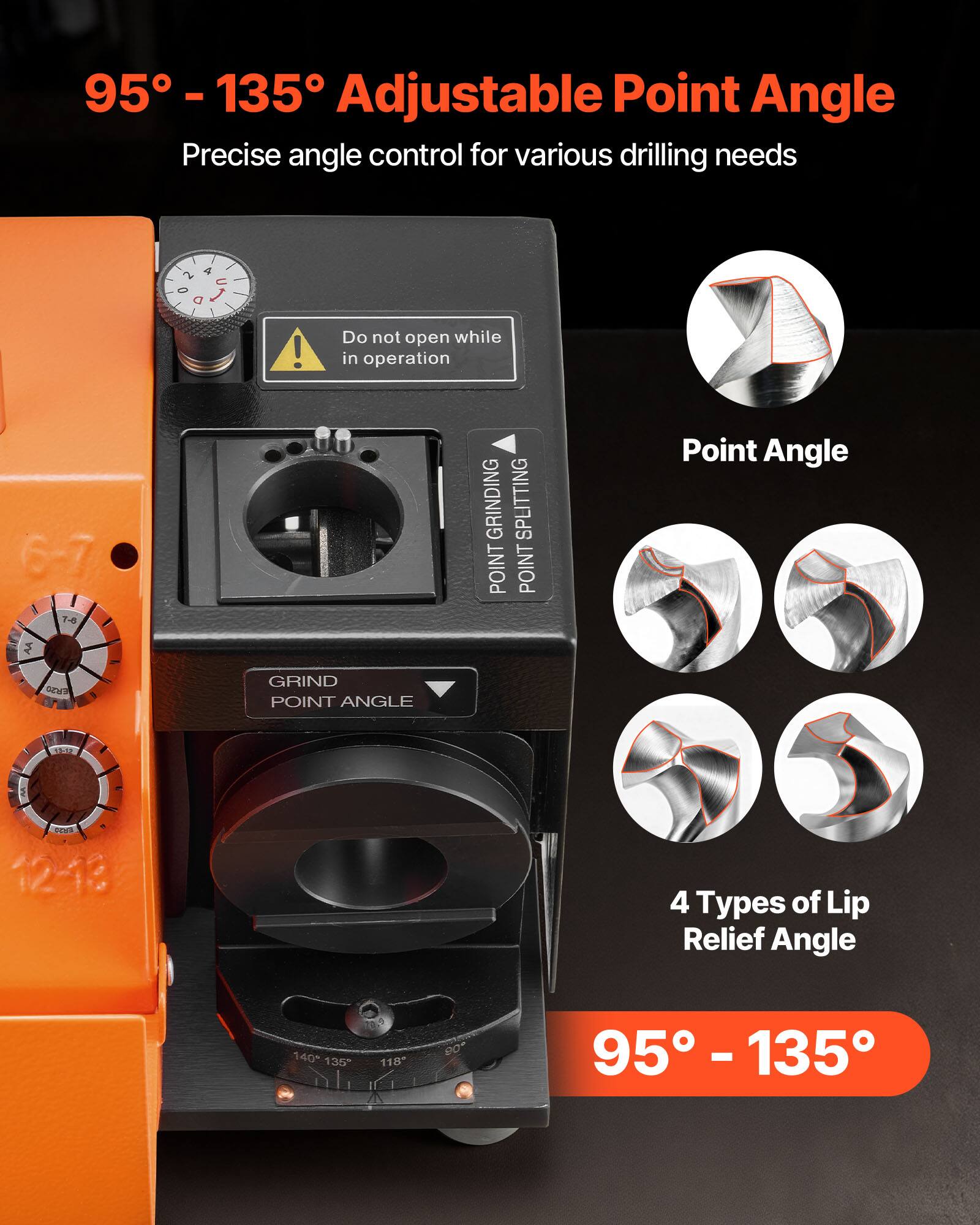 95° - 135° Adjustable Point Angle  
Precise angle control for various drilling needs  

Do not open while in operation  

GRINDING SPLITTING POINT  
POINT ANGLE  

4 Types of Lip Relief Angle  
95° - 135°