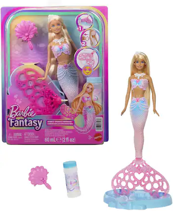1 2 Barbie BURBLE SPARKLE MERMAID - Fantasy SIRENE BULLES ENCHANTEES
SOLUTION NET VOL 1 VOLUME VOI DMIN NETO DE U SOLUCIÓN DE BURBUJAS
60 mL (2 fl oz)
WARNING: ATTENTION
CHOKING HAZARD - DANGER D'ETOUFFEMENT
3+
MATTEL
Barbie Fantasy
BUBBLE SPARKLE MERMAID - SIRENE BULLES ENCHANTEES
BUBBLE SOLUTION NET VOLUME - SOLUCIÓN DE BURBUJAS NETO VOLUME
60 mL e (2 fl oz)