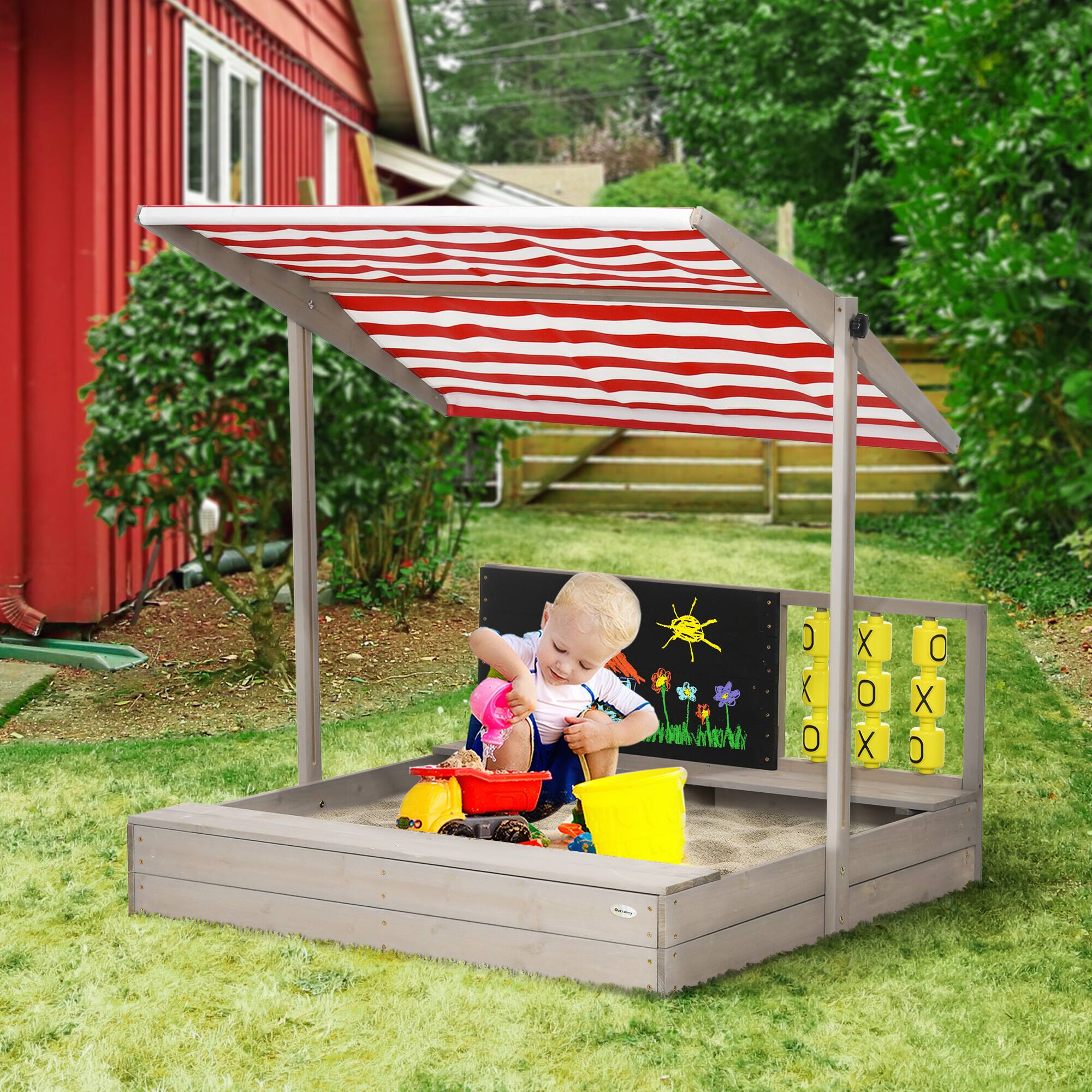 Angle. Outsunny - Kids Sandbox with Canopy, Bench Seats Wooden Sand Pit, Backyard Toy, Chalkboard, Tic Tac Toe Game, Ages 3-7.