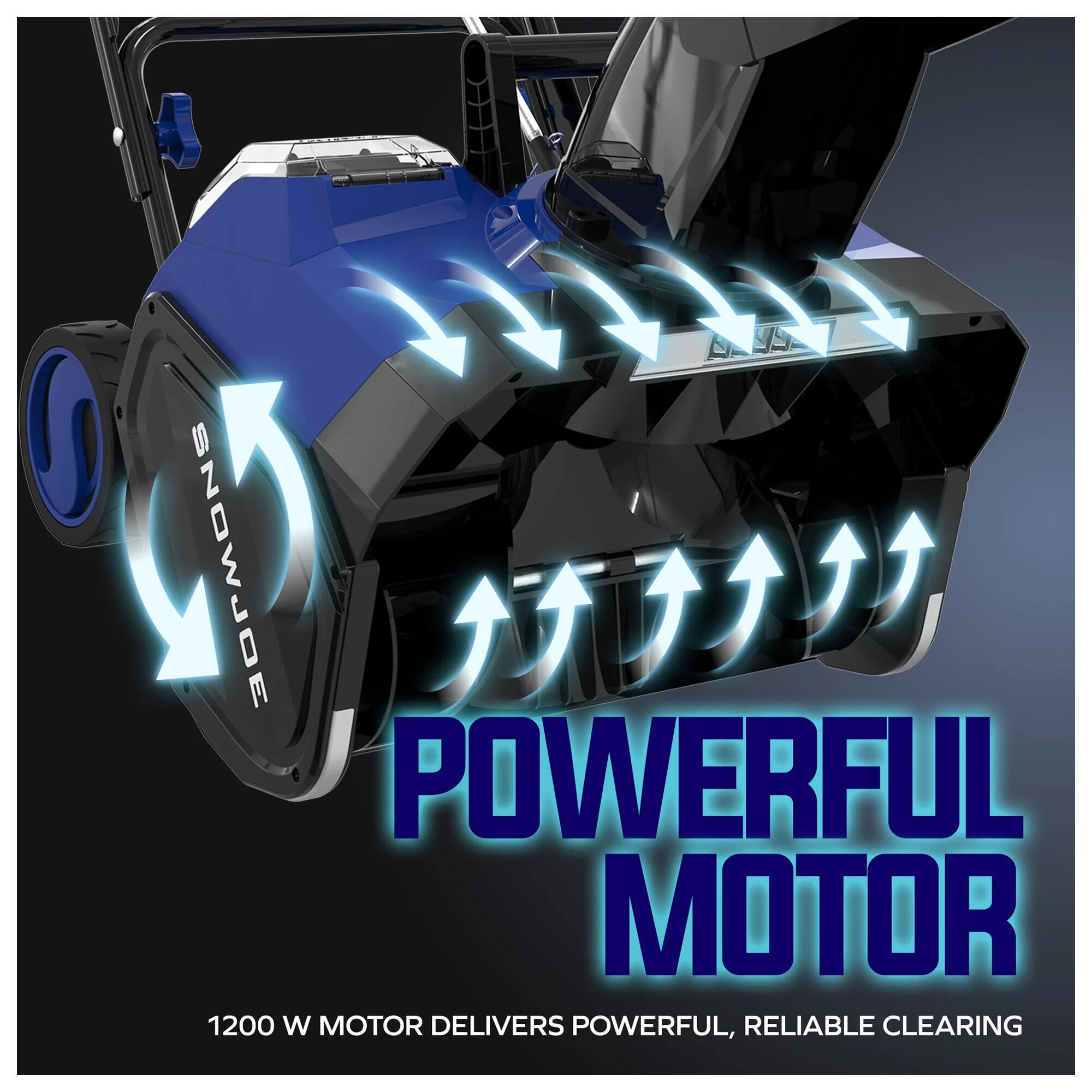 SNOWJOE POWERFUL MOTOR  
1200 W MOTOR DELIVERS POWERFUL, RELIABLE CLEARING
