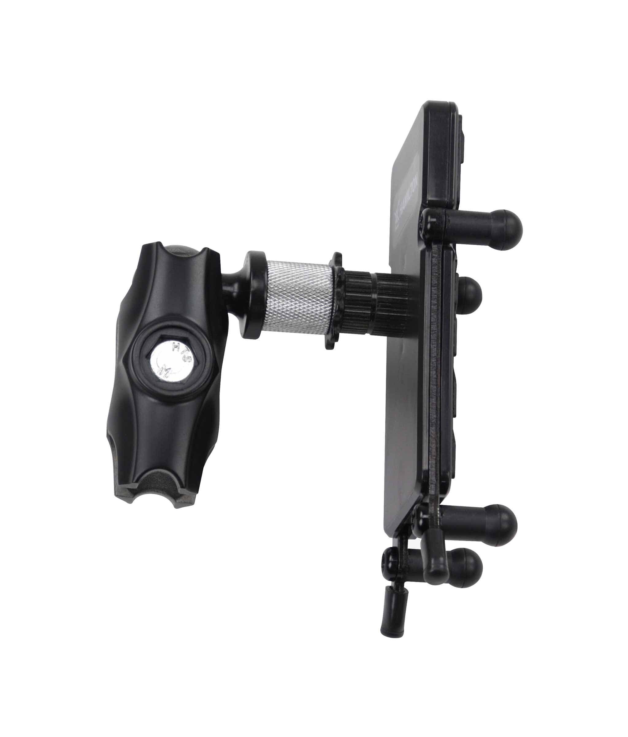 Left. Gibraltar Hardware - Dual Adjust Smartphone Holder, Unlimited Angle Adjustment in Landscape or Portrait Mode - Black.