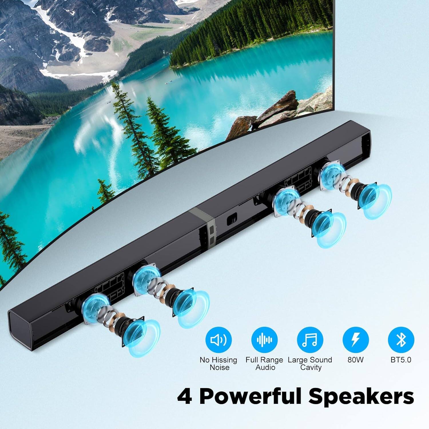 No Hissing Full Range Large Sound Noise Audio Cavity 80W BT5.0 4 Powerful Speakers