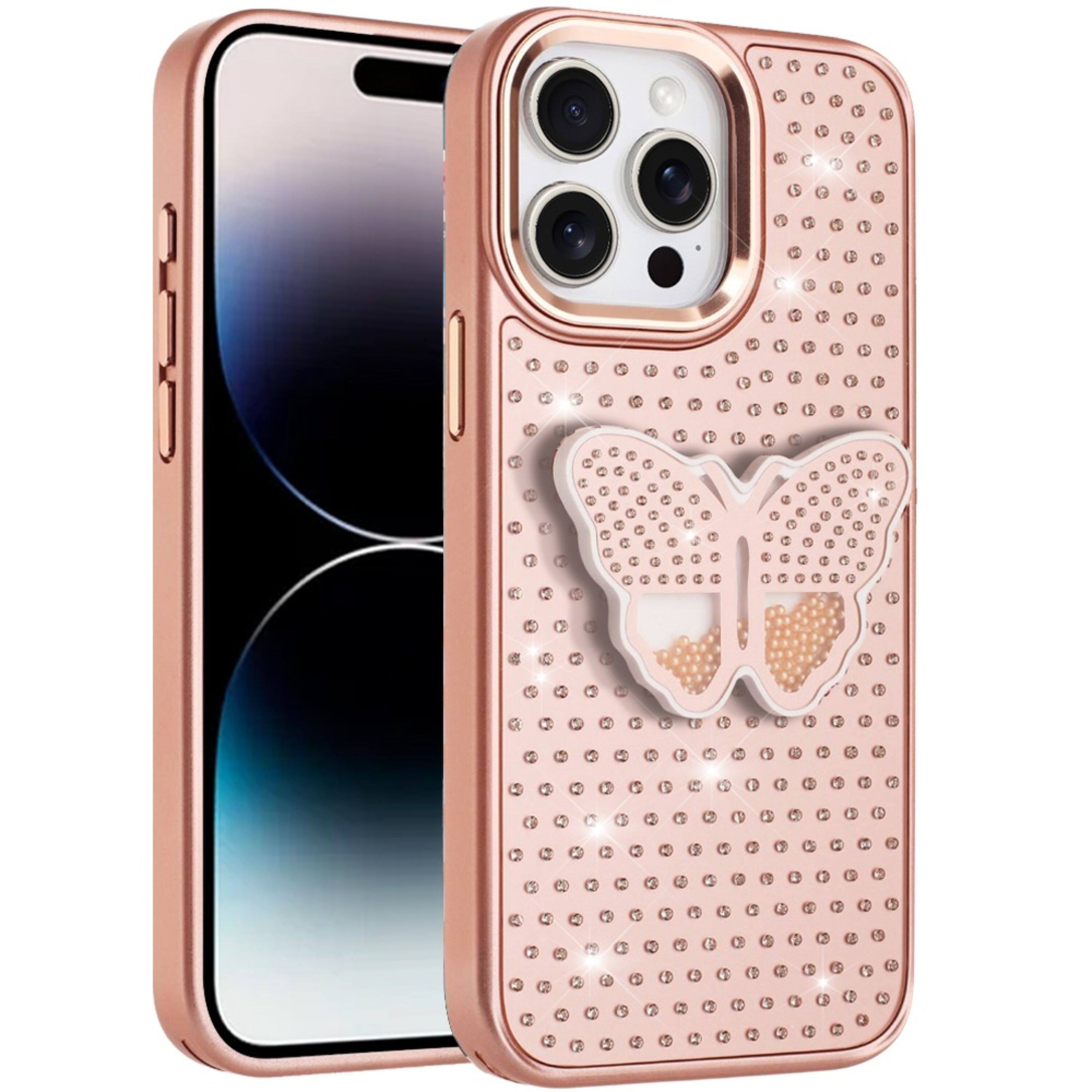 Angle. Kitcheniva - Butterfly Crystal Grip Stand Case For iPhone 14 Pro Max Rose Gold - Rose Gold.