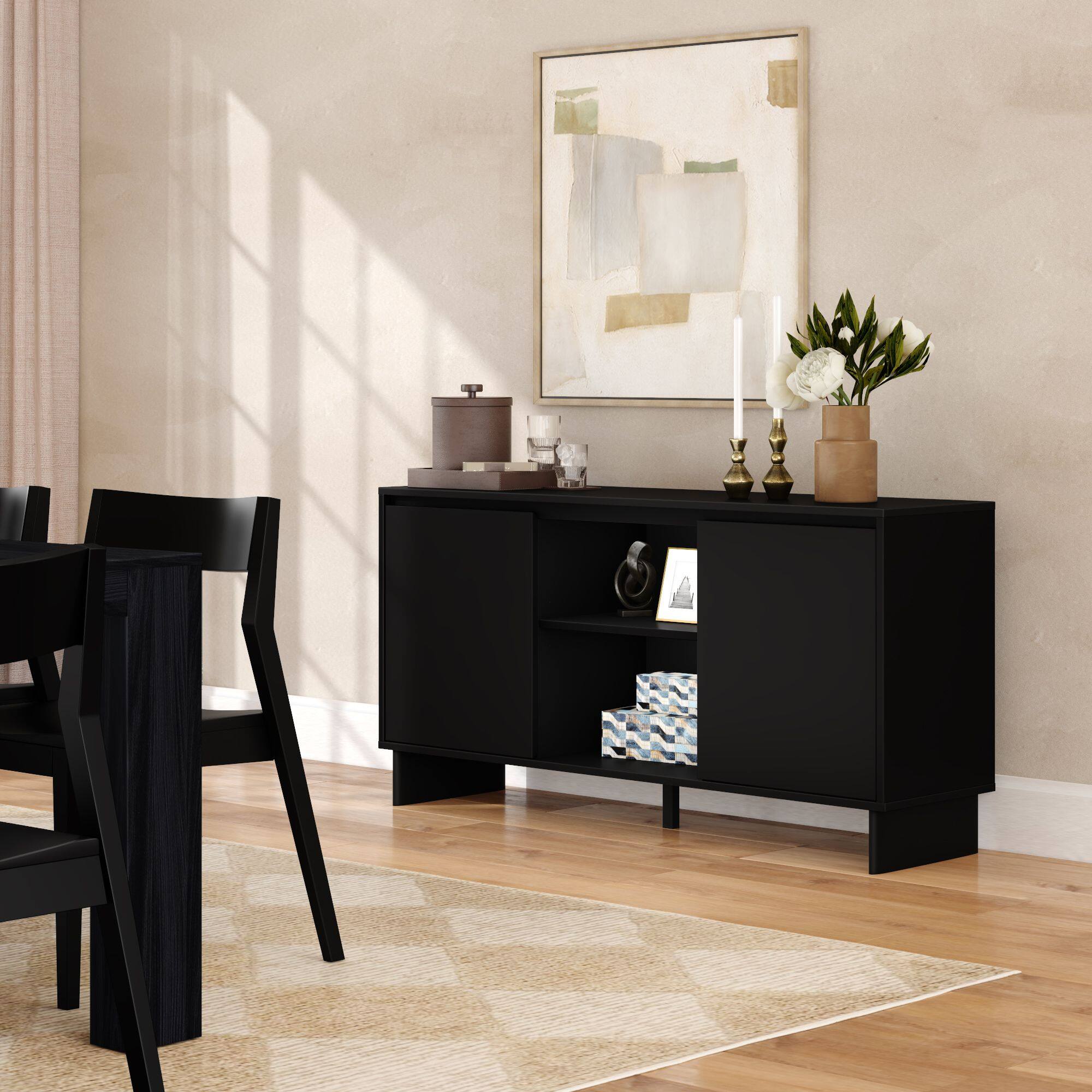Alt View 7. Plank+Beam - Modern TV Stand/Sideboard, 2 Door w/ Middle Shelf  (1499 x 406 x 762mm / 59 x 16 x 30in), Black - Black.