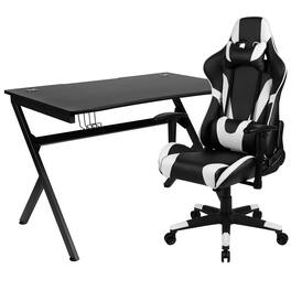 Emma + Oliver - Gaming Bundle-Desk, Cup Holder/Headphone Hook & Reclining Chair - Black