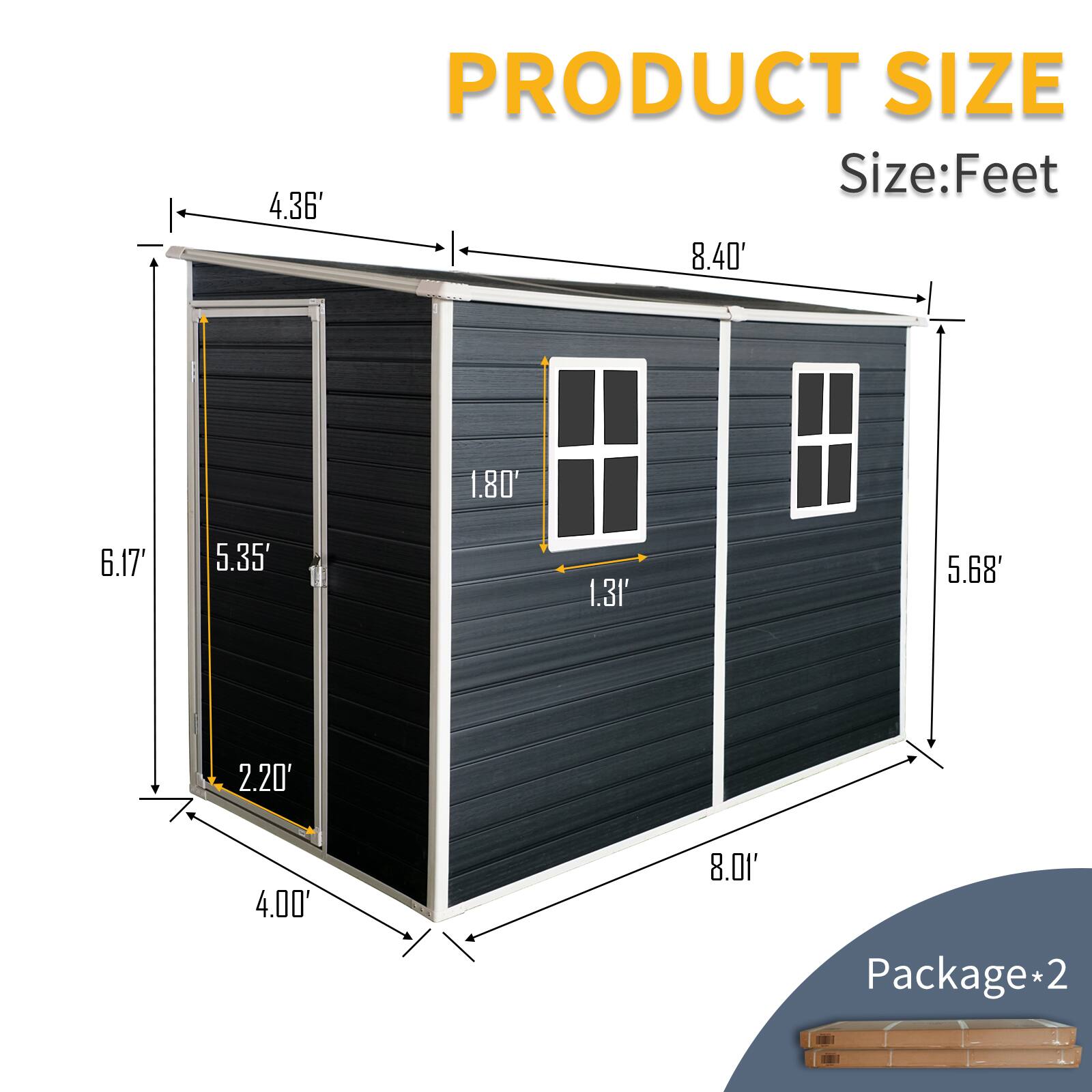 PRODUCT SIZE  
Size: Feet  
4.36' 8.40' 1.80' 6.17' 5.35' 1.31' 5.68' 2.20' 4.00' 8.01'  
Package*2