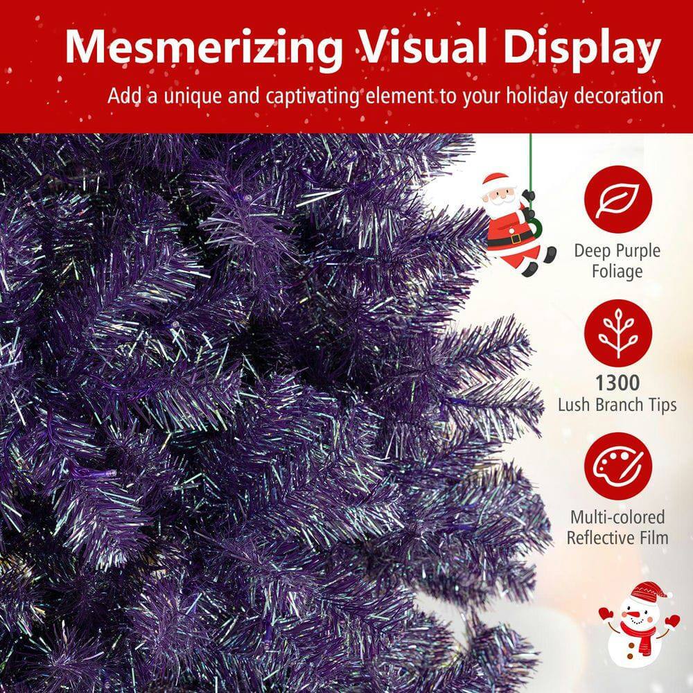 Mesmerizing Visual Display  
Add a unique and captivating element to your holiday decoration  

- Deep Purple Foliage  
- 1300 Lush Branch Tips  
- Multi-colored Reflective Film
