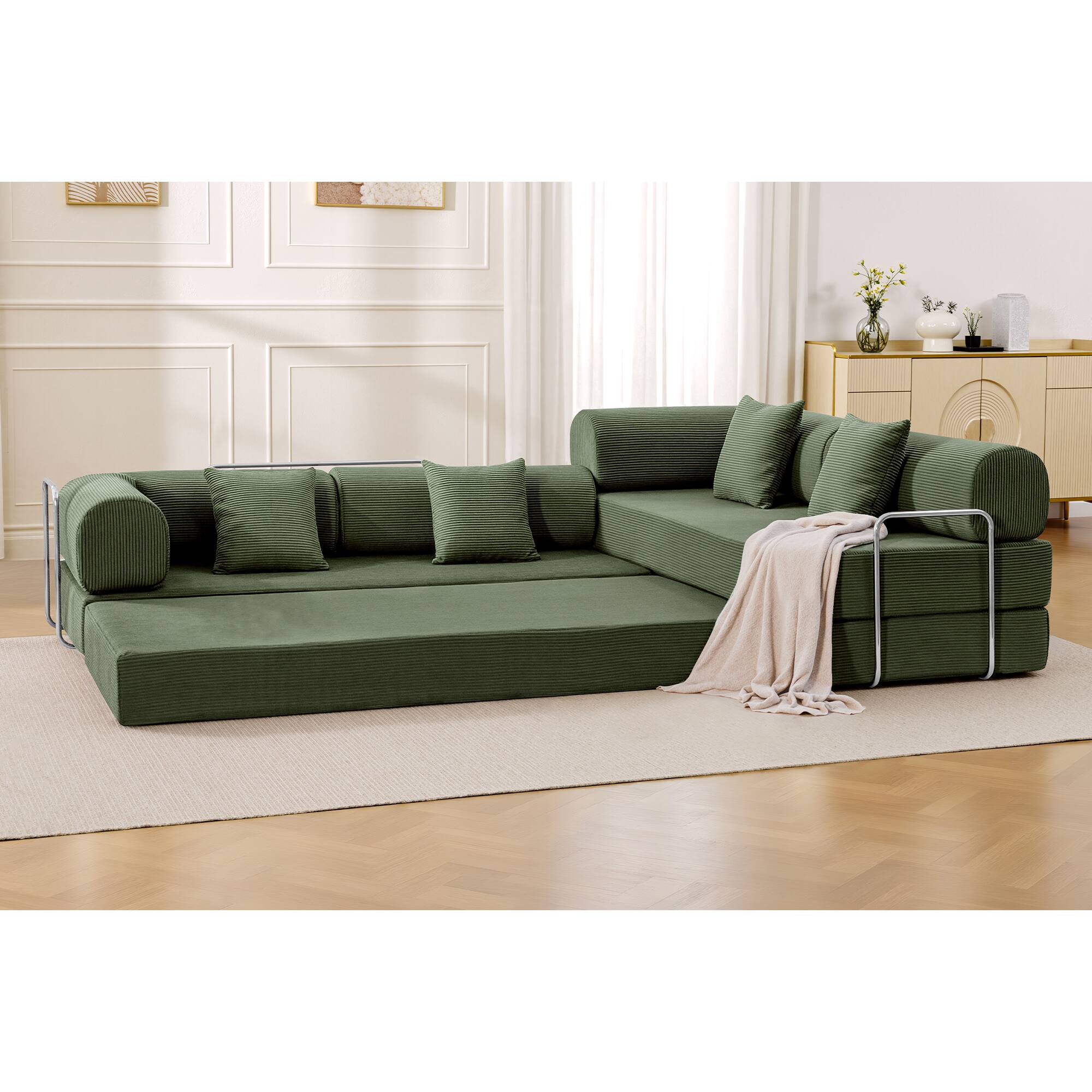 Alt View 7. KERDOM - L-Shaped Corduroy Couch Chaise Lounge, 78'' Foldable Sofa Bed 2pcs Combined, Spliced Block Modular Sectional Sponge Sofa - Olive Green.