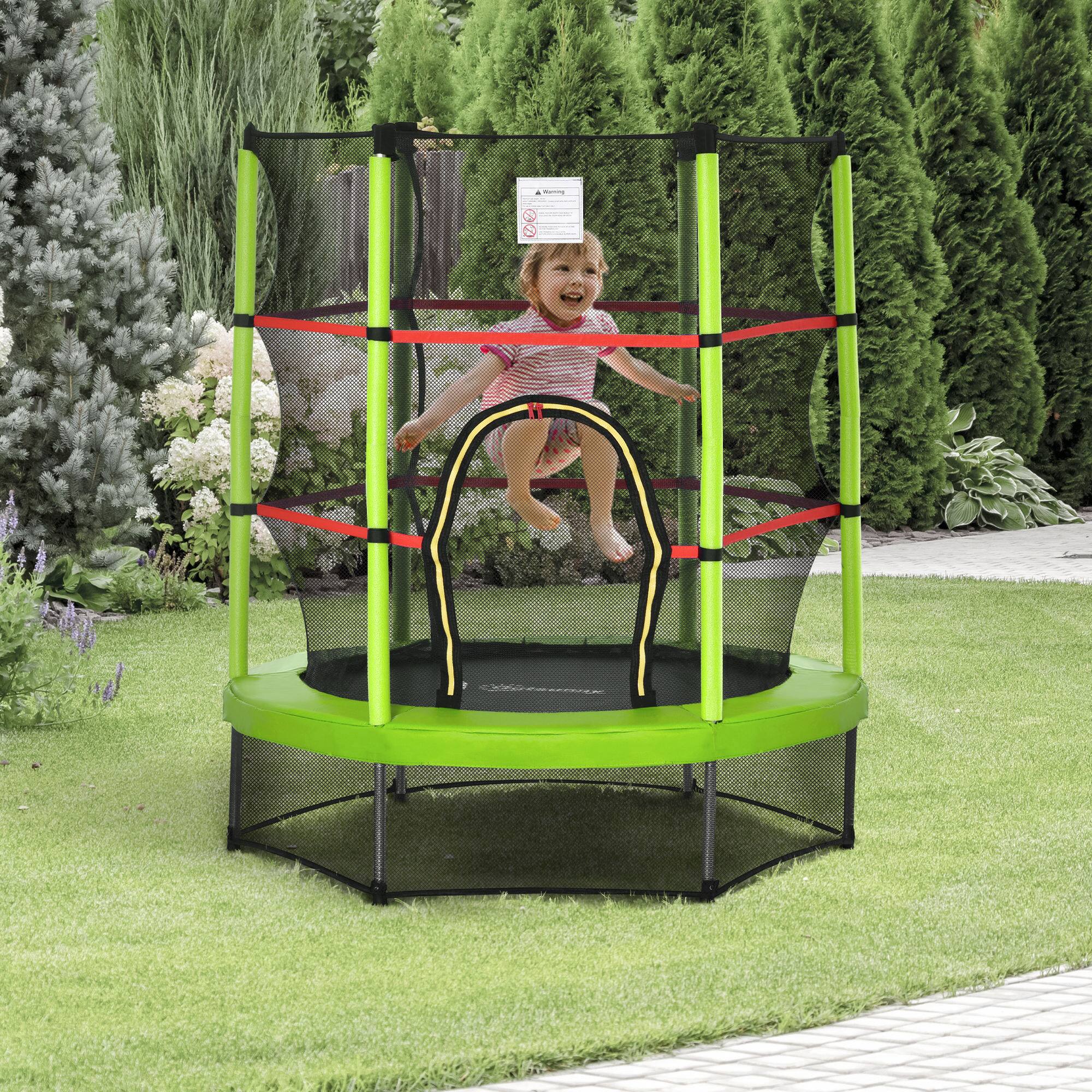 Angle. Outsunny - 5FT Trampoline, 55" Mini Trampoline, Enclosure Net, Safety Pad, Steel Frame, Gift - Green.