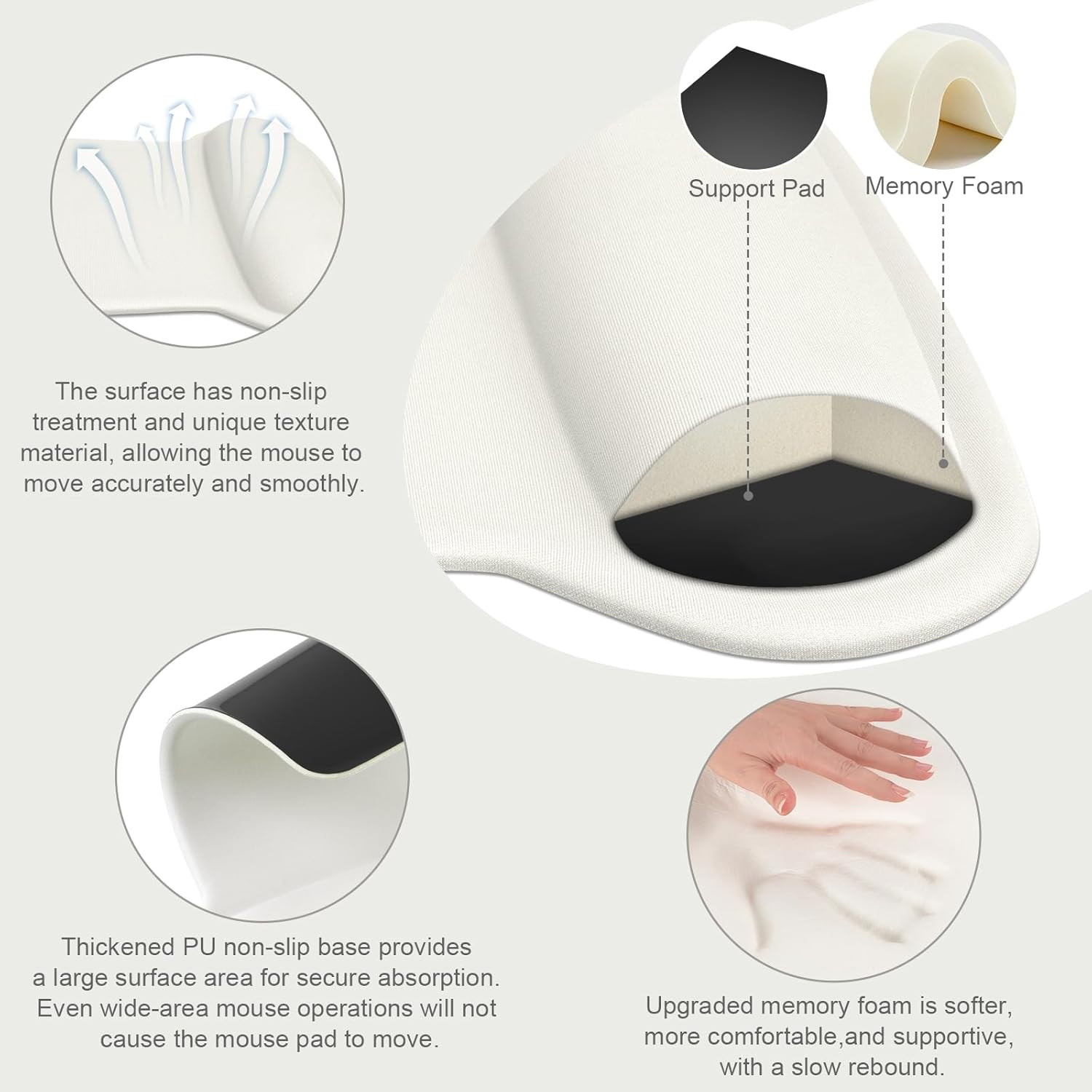 Support Pad Memory Foam

The surface has non-slip treatment and unique texture material, allowing the mouse to move accurately and smoothly.

Thickened PU non-slip base provides a large surface area for secure absorption. Even wide-area mouse operations will not cause the mouse pad to move.

Upgraded memory foam is softer, more comfortable, and supportive, with a slow rebound.