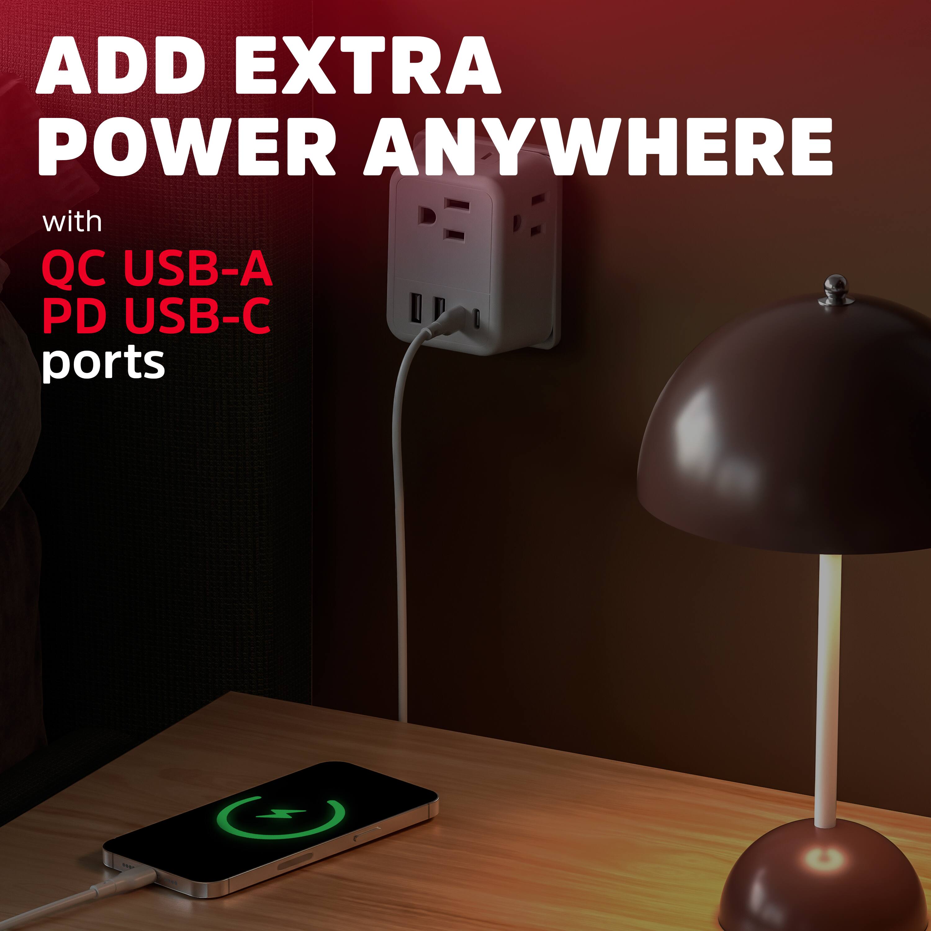 ADD EXTRA POWER ANYWHERE  
with QC USB-A PD USB-C ports