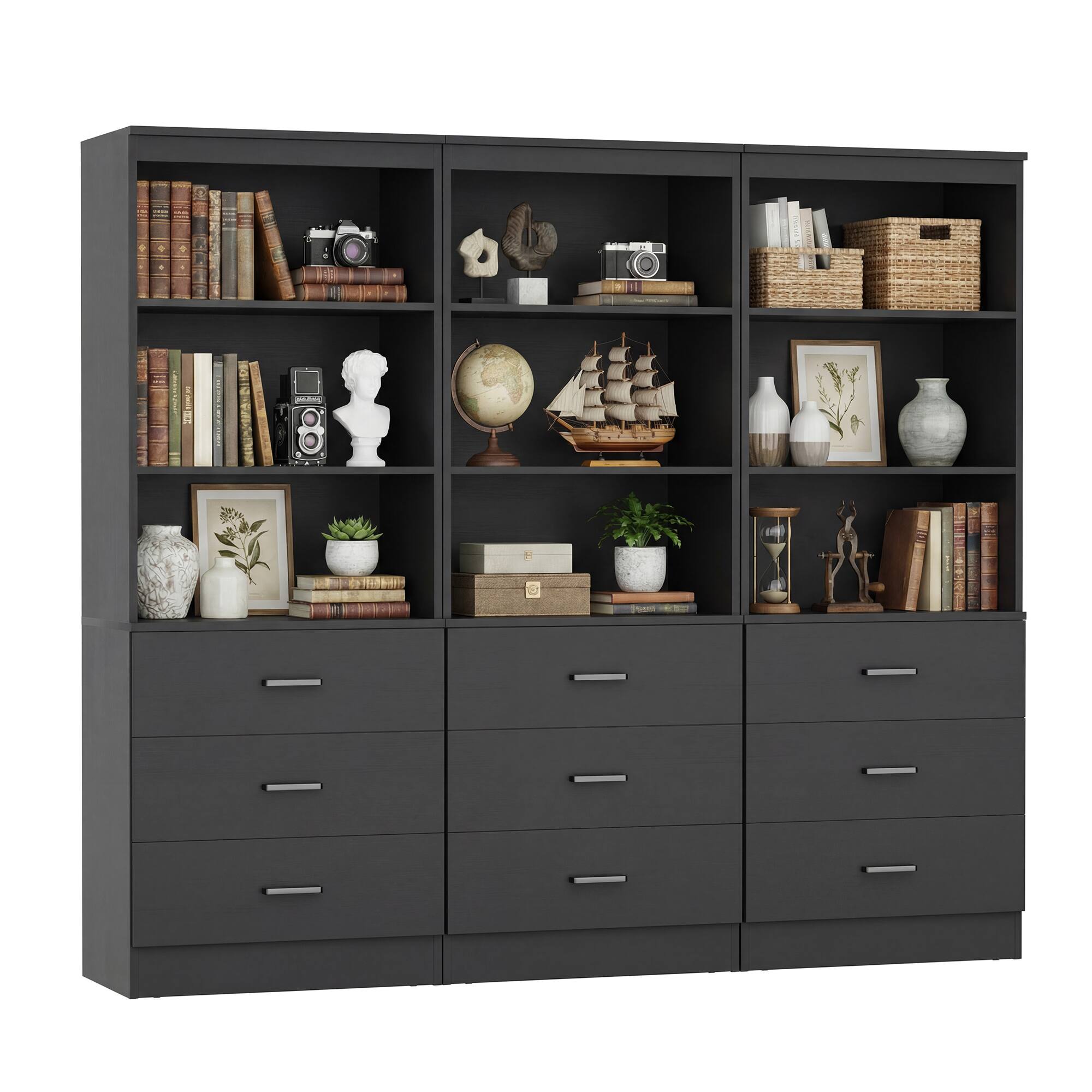 Angle. Aheaplus - 71'' Tall Bookcase with 3 Drawers and 3-Tier Open Shelves, 3 Packs - Black.