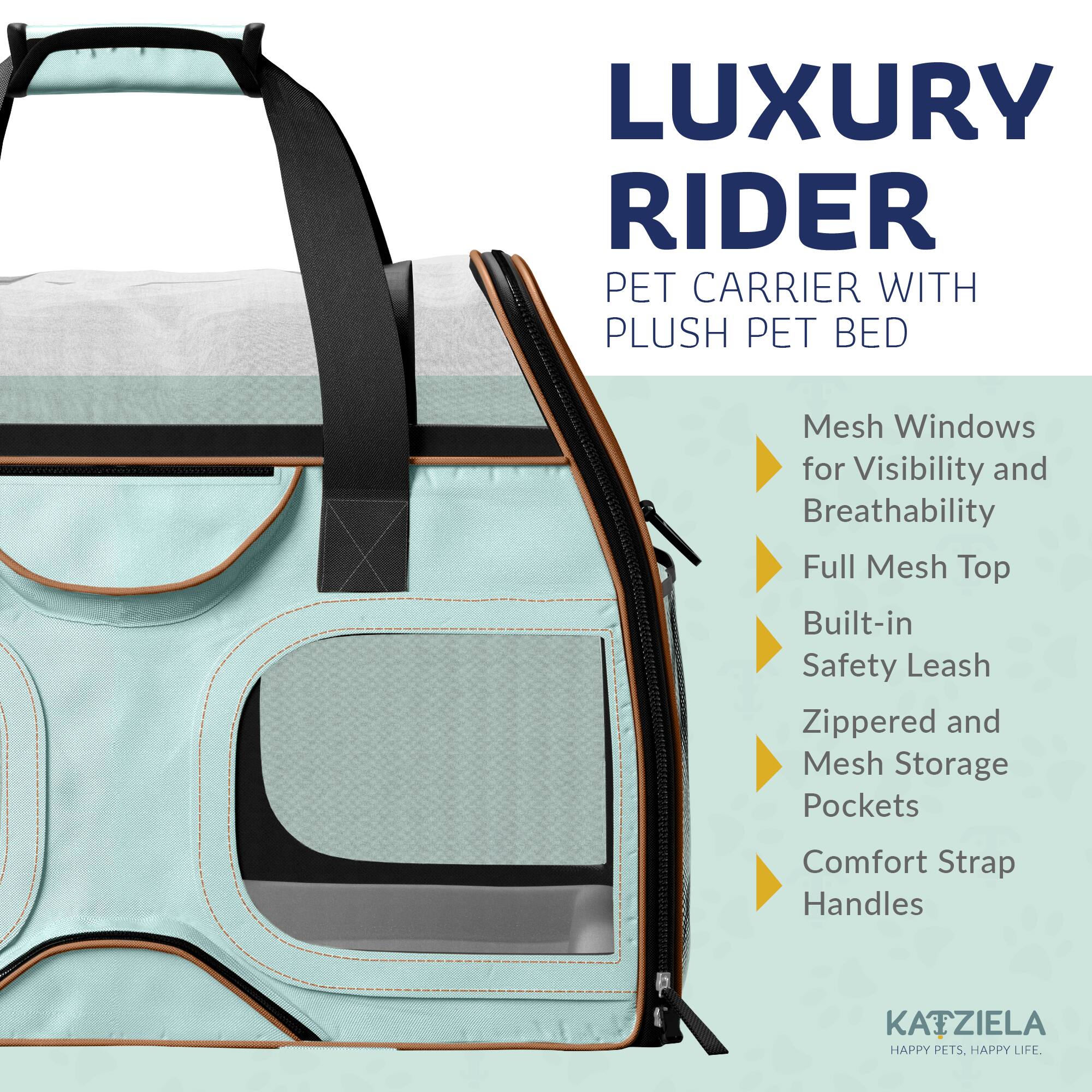 LUXURY RIDER PET CARRIER WITH PLUSH PET BED

- Mesh Windows for Visibility and Breathability
- Full Mesh Top
- Built-in Safety Leash
- Zippered and Mesh Storage Pockets
- Comfort Strap Handles

KATZIELA  
HAPPY PETS. HAPPY LIFE.