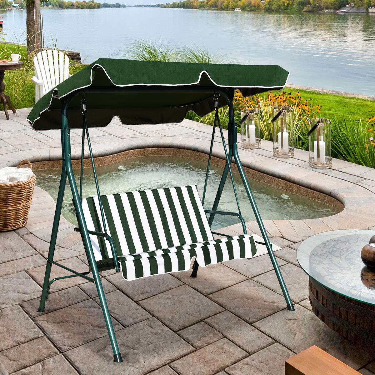 Alt View 1. Costway - Costway Loveseat Patio Canopy Swing Glider Hammock Cushioned Steel Frame Outdoor - Green.