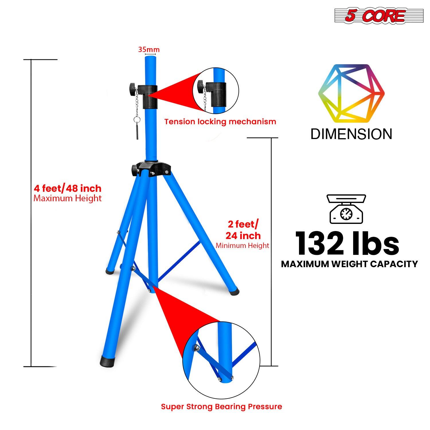 Here is the corrected and grouped text:

- **5 CORE 35mm Tension locking mechanism**
- **DIMENSION**
  - 4 feet/48 inch (Maximum Height)
  - 2 feet/24 inch (Minimum Height)
- **MAXIMUM WEIGHT CAPACITY**
  - 132 lbs
- **Super Strong Bearing Pressure**