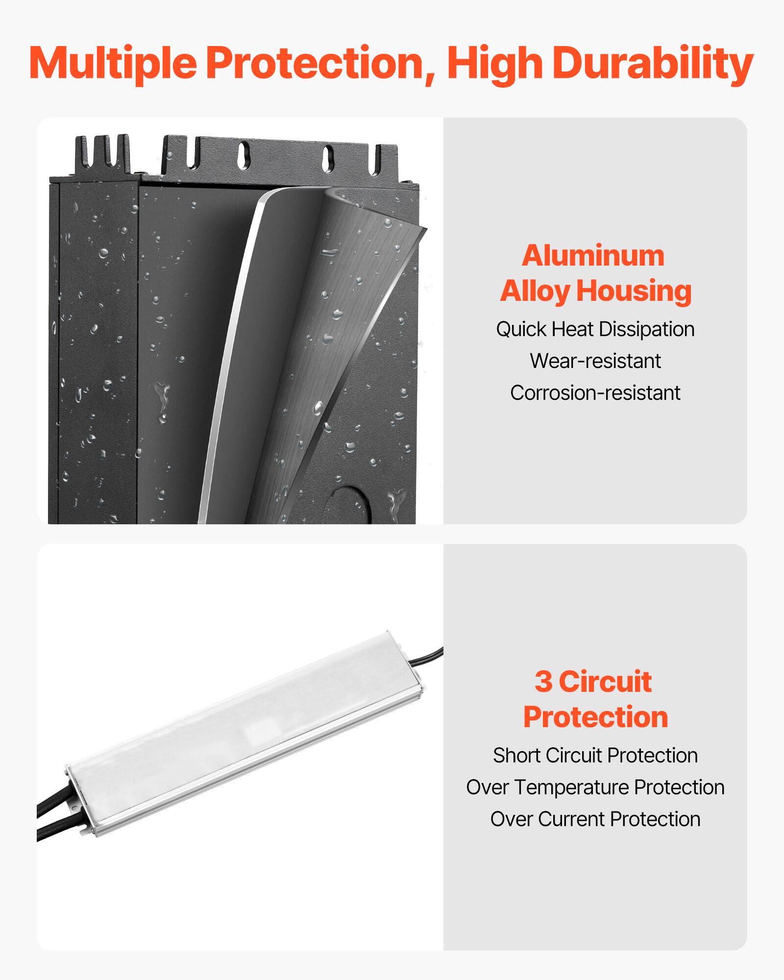Multiple Protection, High Durability

Aluminum Alloy Housing
- Quick Heat Dissipation
- Wear-resistant
- Corrosion-resistant

3 Circuit Protection
- Short Circuit Protection
- Over Temperature Protection
- Over Current Protection