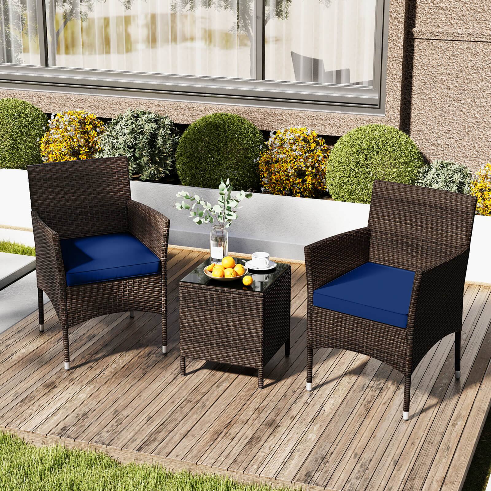 Alt View 3. Costway - Costway 3 PCS Outdoor Conversation Set with Cushioned Seat & Tempered Glass Tabletop - Navy.