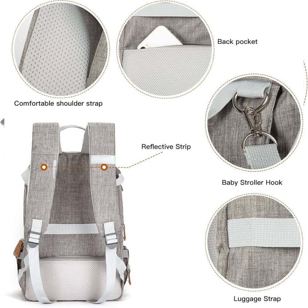 - Back pocket
- Comfortable shoulder strap
- Reflective Strip
- Baby Stroller Hook
- Luggage Strap