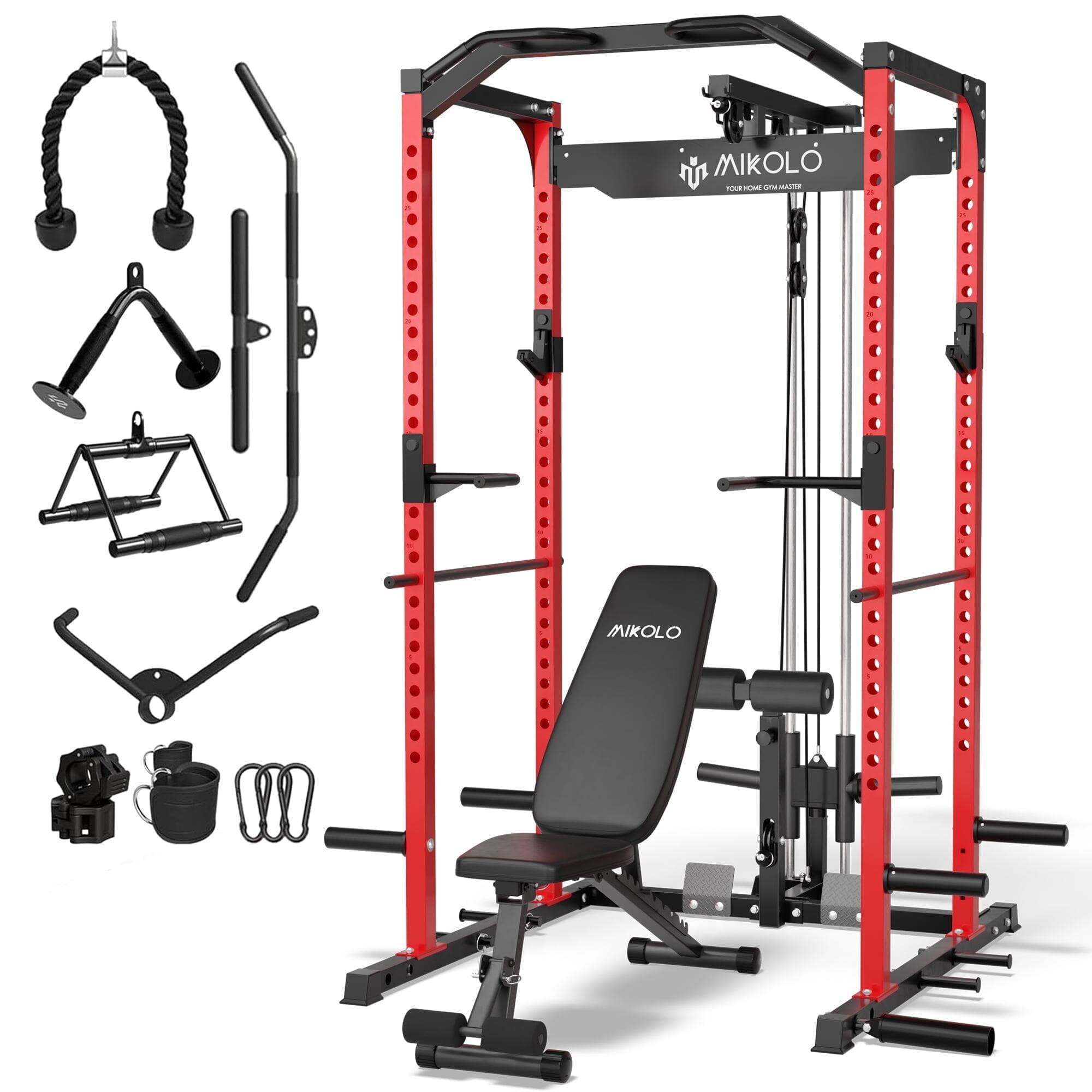 Mikolo - Power Rack Cage with LAT Pulldown System,1200 lbs Capacity Power Rack with 800 lbs Capacity - Red
