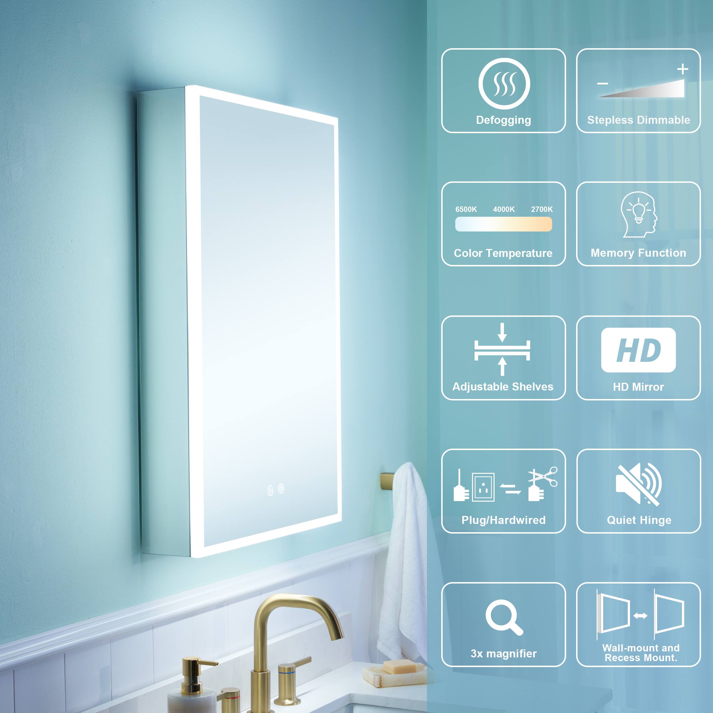 Defogging Stepless Dimmable 6500K 4000K 2700K Color Temperature Memory Function HD Adjustable Shelves HD Mirror Plug/Hardwired Quiet Hinge 3x magnifier Wall-mount and Recess Mount