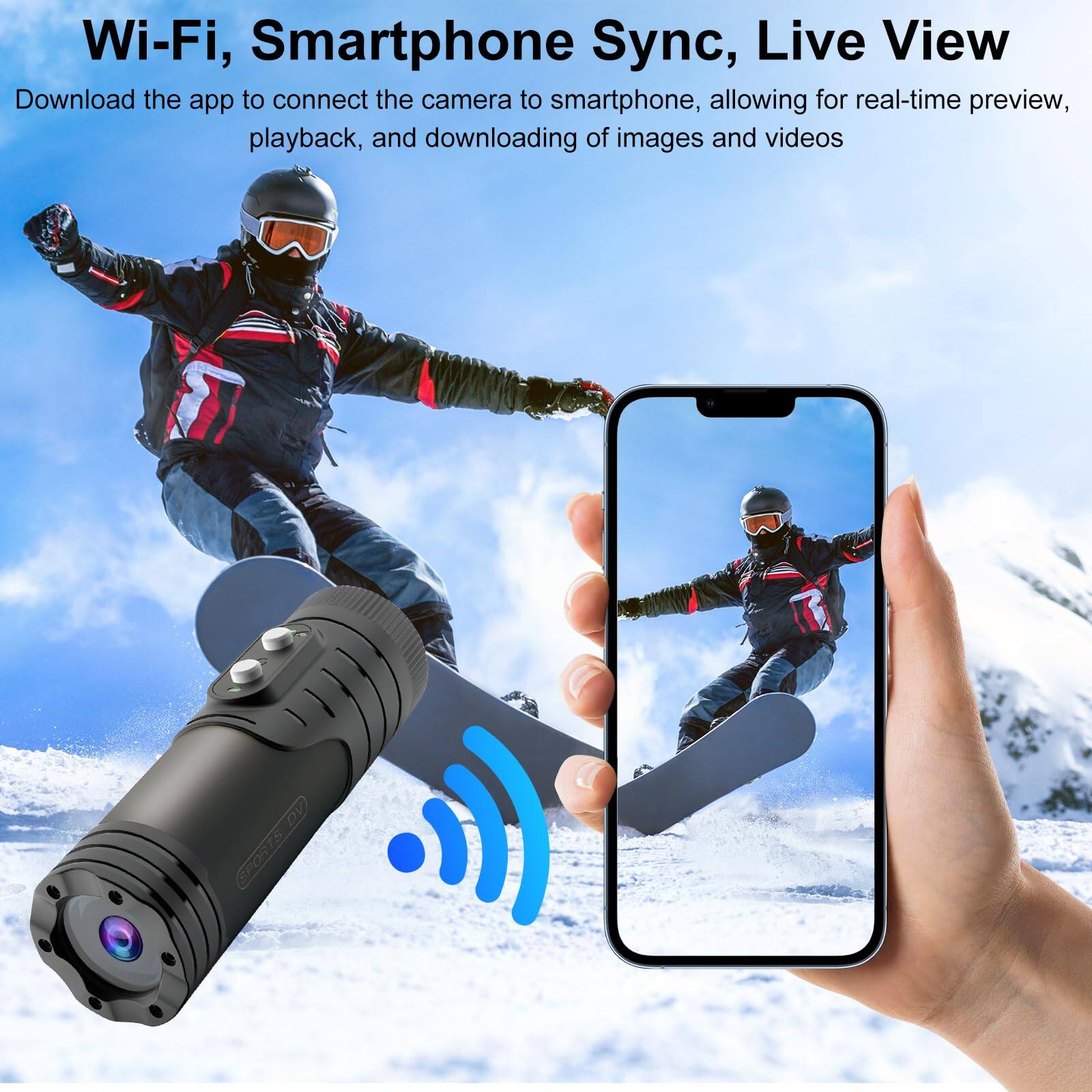 Wi-Fi, Smartphone Sync, Live View

Download the app to connect the camera to smartphone, allowing for real-time preview, playback, and downloading of images and videos