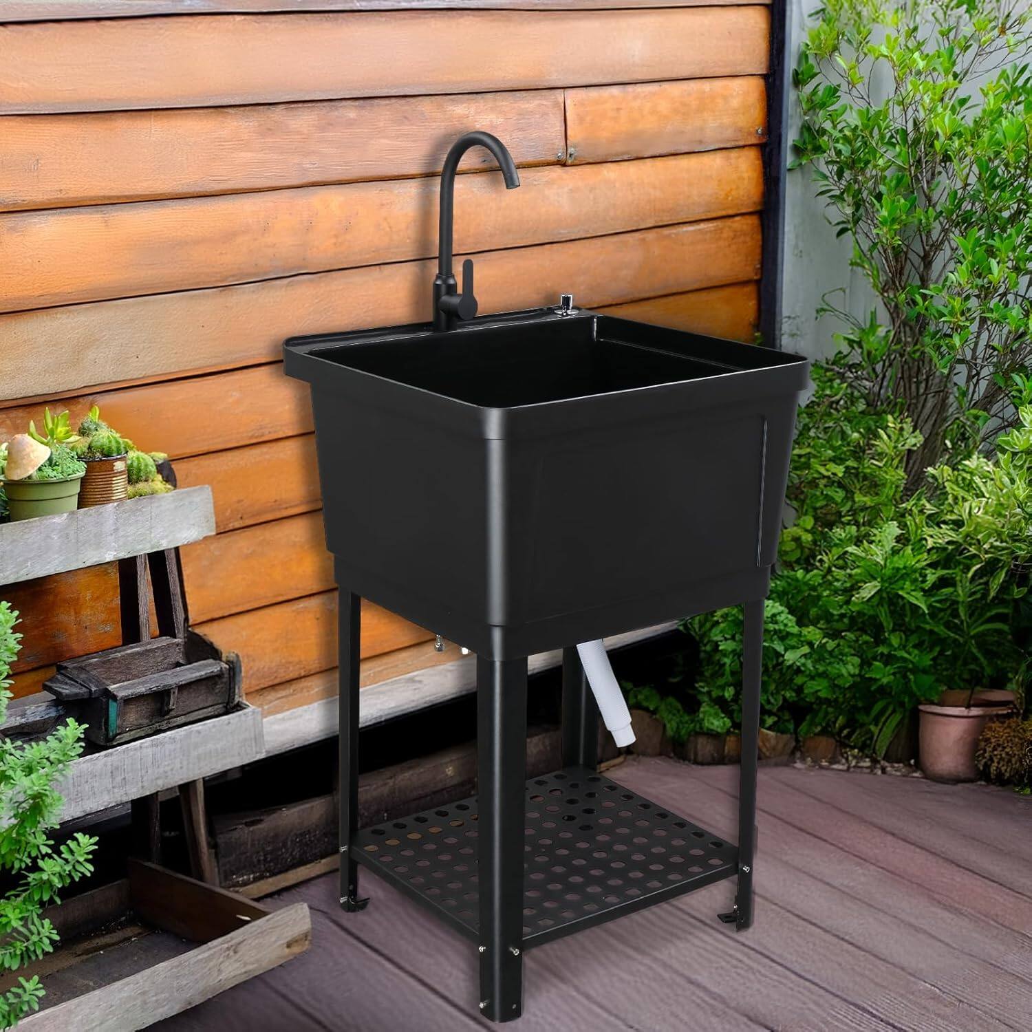 Alt View 2. Winado - Plastic Utility Sink Freestanding Plastic Sink with Hot and Cold Water Faucet, Soap Dispenser for Basement Laundry Home - Black.