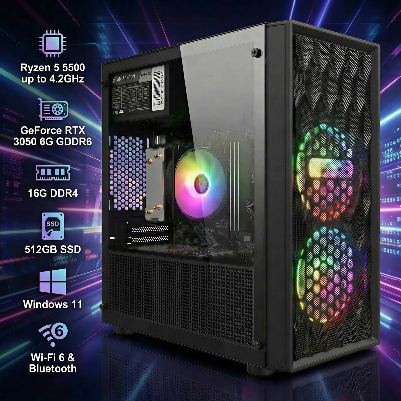 Ryzen 5 5500 up to 4.2GHz  
GeForce RTX 3050 6G GDDR6  
16G DDR4  
512GB SSD  
Windows 11  
Wi-Fi 6 & Bluetooth