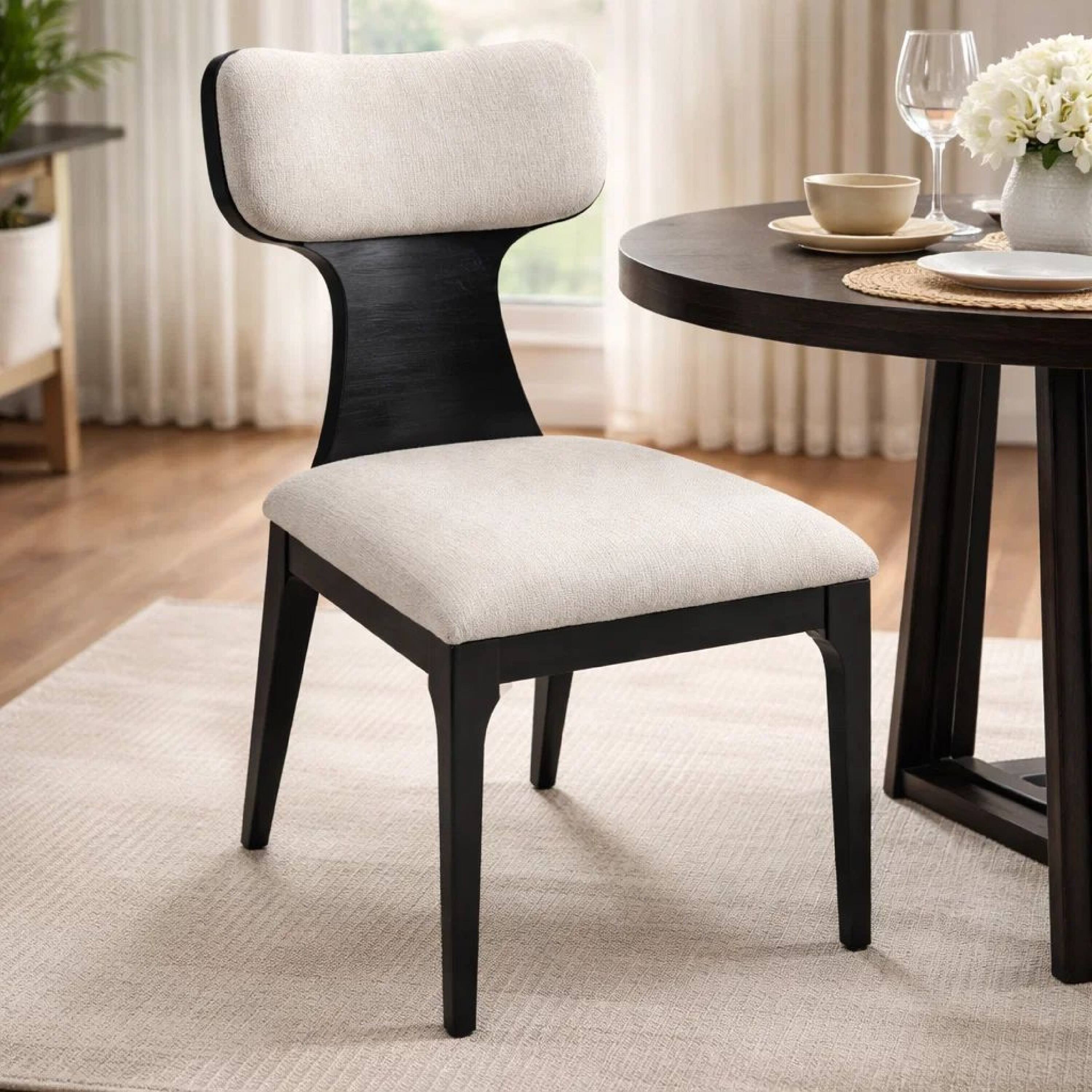 Alt View 5. Manhattan Lane - Kiri Dining Side Chair Set of 2, White Chenille Seat, Black Wood Legs - White, Black.