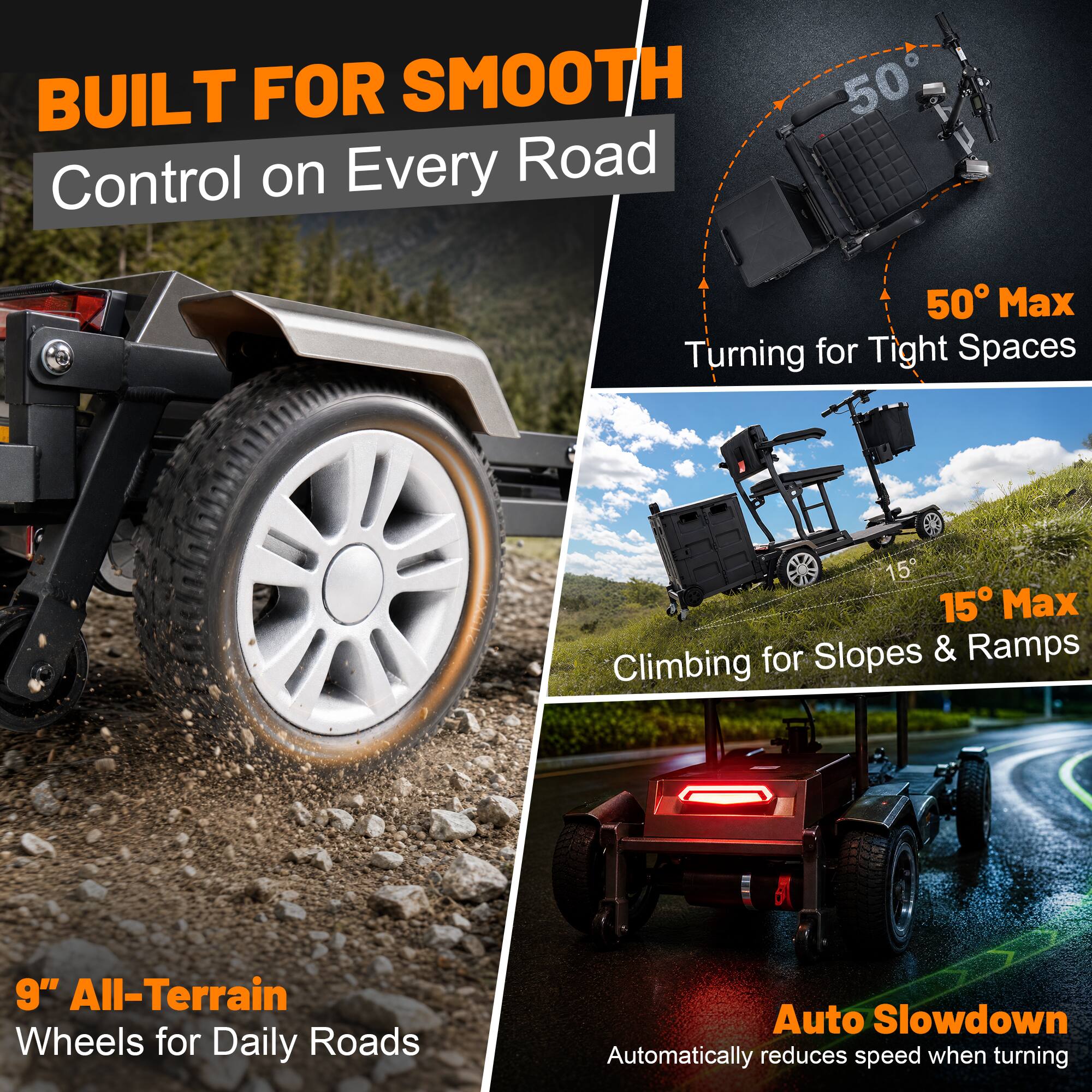 BUILT FOR SMOOTH Control on Every Road  
50° Max Turning for Tight Spaces  
15° Max Climbing for Slopes & Ramps  
9" All-Terrain Wheels for Daily Roads  
Auto Slowdown  
Automatically reduces speed when turning