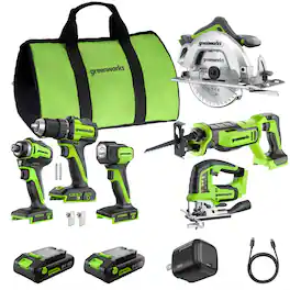 Greenworks - 24V Brushless 6-Piece Power Tool Combo Kit with USB-C Batteries and Charger - Green