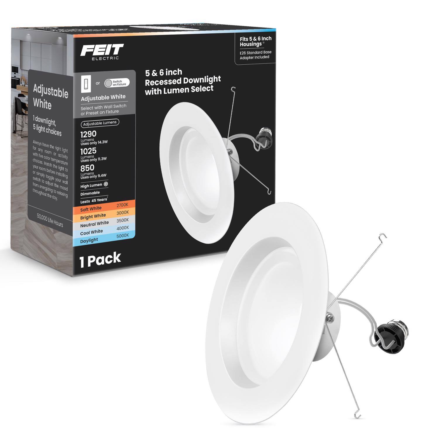 FEIT ELECTRIC Fits 5 & 6 Inch Housings 20 Standort Bose Adopter included 5 & 6 inch or - LTUA Recessed Downlight Adjustable with Lumen Select Adjustable White White Select with Wall Switch or Preset on Fixture I 5 downlight, Adjustable Lumena light choices 1290 lumena WEM Son hon Usea only for Te rigght F 1oom lggt 1025 -0 hn D osr actvity sumena only WES coces sumipertture Uses youu Wotch the 100% befon igt a 850  Lumena semdly togge inttoting Uises only 5.4W dd  you fow trom atus the Nigh Lumen enerjing b mood teuugod the seaing Dimmable -o 4 Years Lasta 200K Soft White 3000K 50000 Bright White Ua White 3500K Hours Neutral 4000K Cool White BOODK Doylight 1 Pack