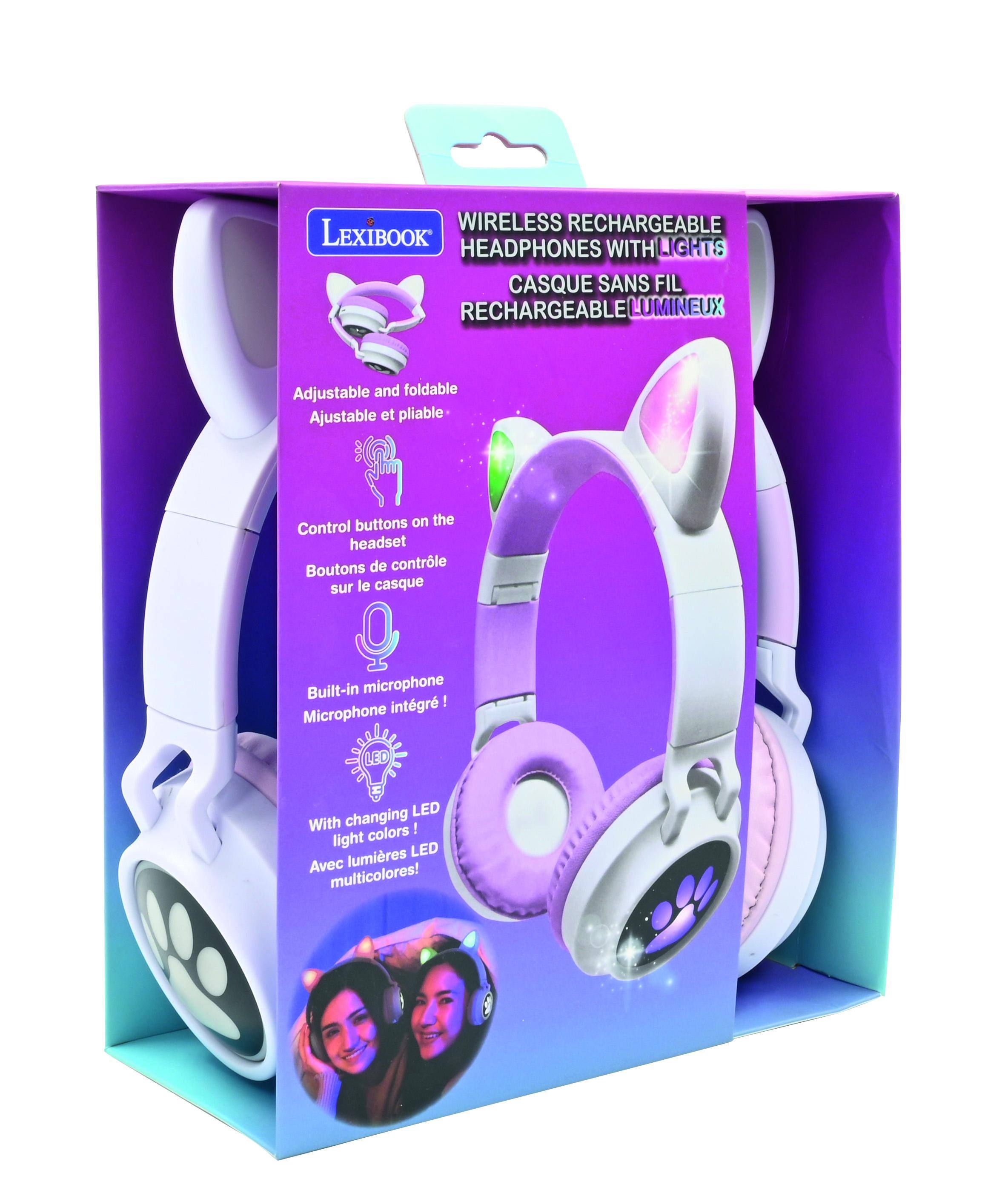 WIRELESS RECHARGEABLE LEXIBOOK HEADPHONES WITH LIGHTS  
CASQUE SANS FIL RECHARGEABLE LUMINEUX  

Adjustable and foldable  
Ajustable et pliable  

Control buttons on the headset  
Boutons de contrôle sur le casque  

Built-in microphone  
Microphone intégré  

LED changing light colors!  
Avec lumières LED multicolores!