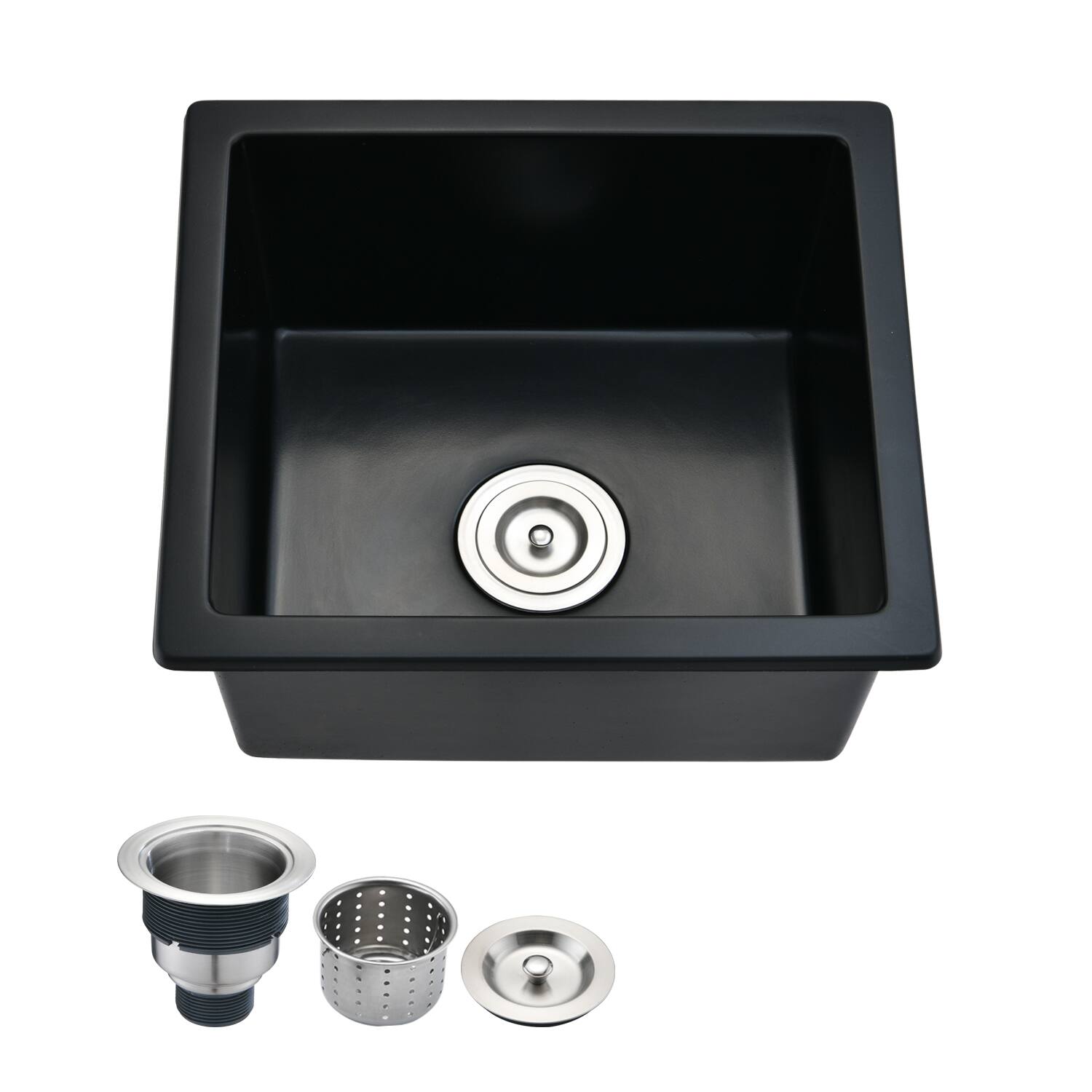 Siljoy - Quartz 18" L X 16" W Undermount Bar Sink With Basket Strainer - Matte Black