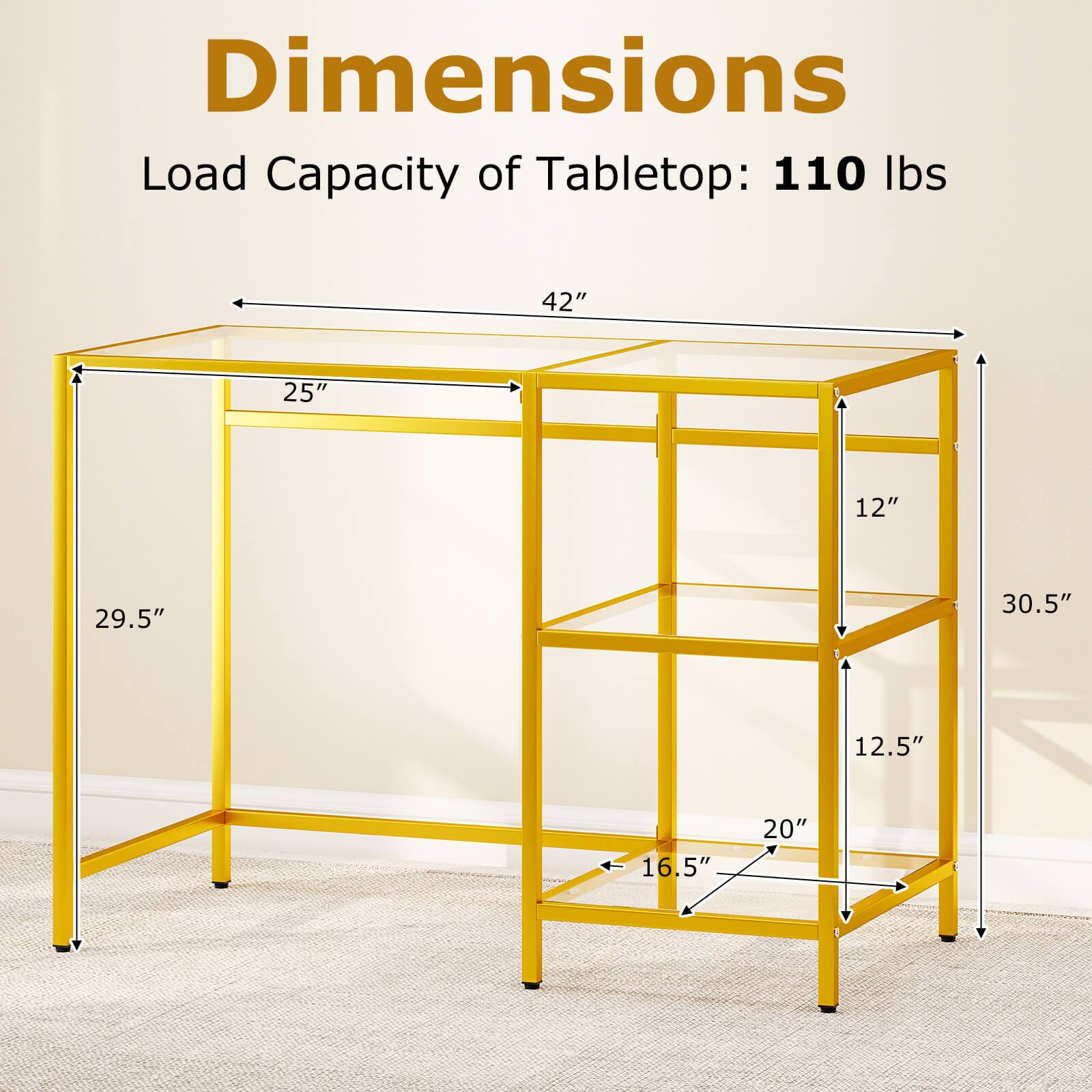 Dimensions  
Load Capacity of Tabletop: 110 lbs  
42" x 25" x 12"  
29.5" x 30.5" x 12.5"  
16.5" x 20"