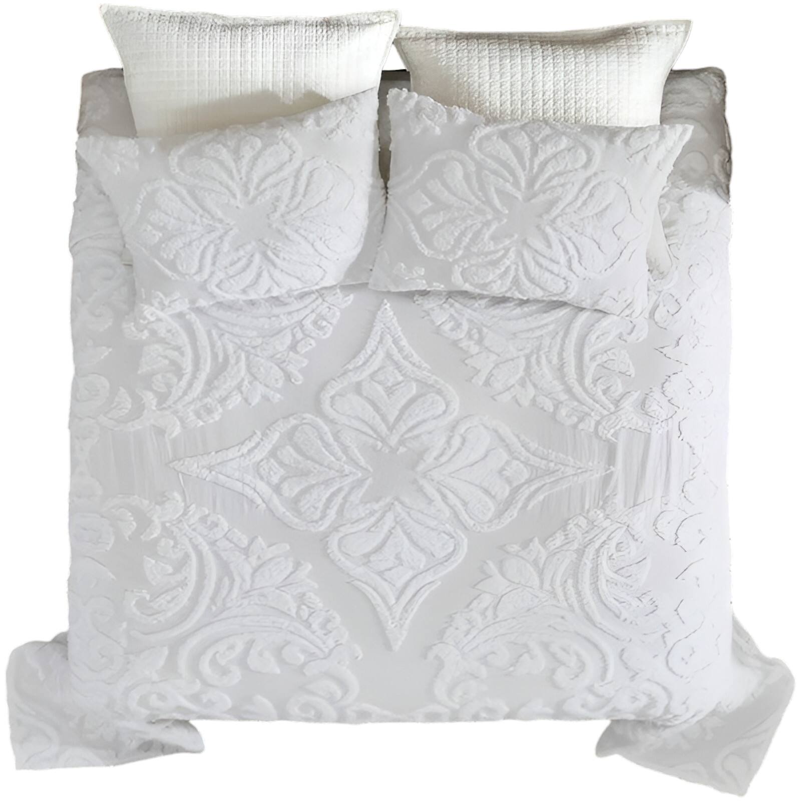 Front. SlickBlue - 100% Cotton Chenille 3 Piece Coverlet Set with Pillow Shams for Bedroom - White.