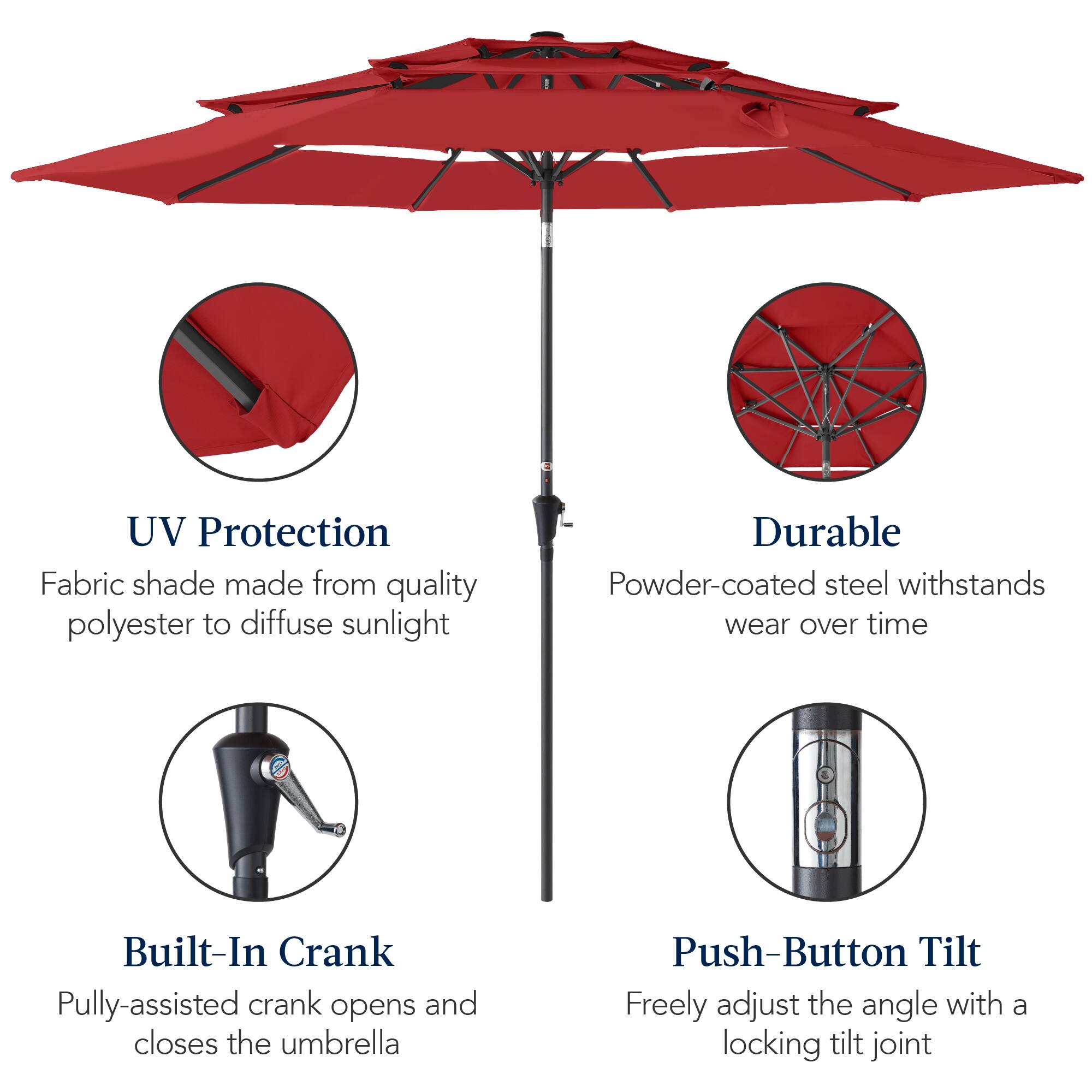UV Protection Fabric shade made from quality polyester to diffuse sunlight. Durable Powder-coated steel withstands wear over time. Built-In Crank: Pulley-assisted crank opens and closes the umbrella. Push-Button Tilt: Freely adjust the angle with a locking tilt joint.