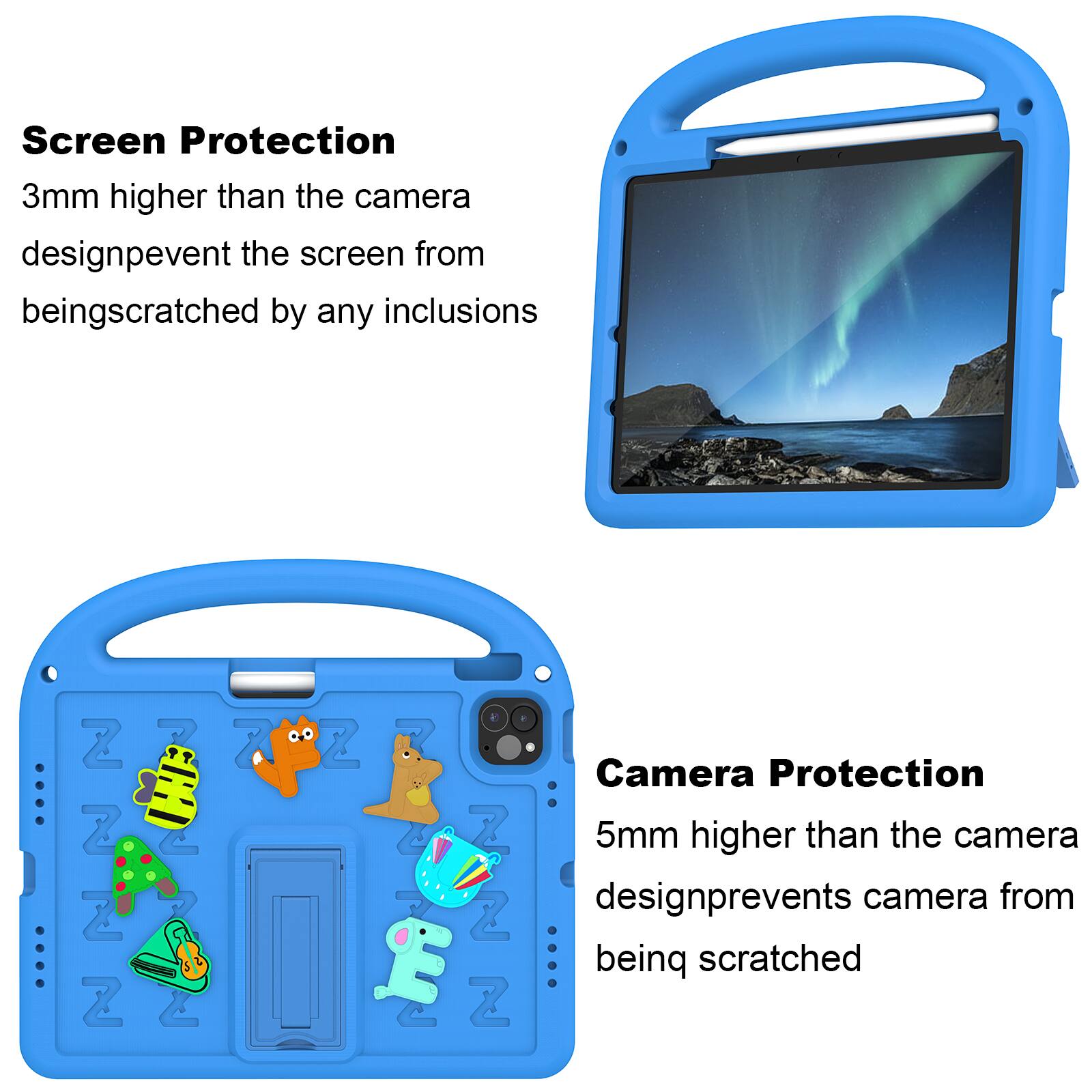 Screen Protection  
3mm higher than the camera design prevents the screen from being scratched by any inclusions

Camera Protection  
5mm higher than the camera design prevents the camera from being scratched