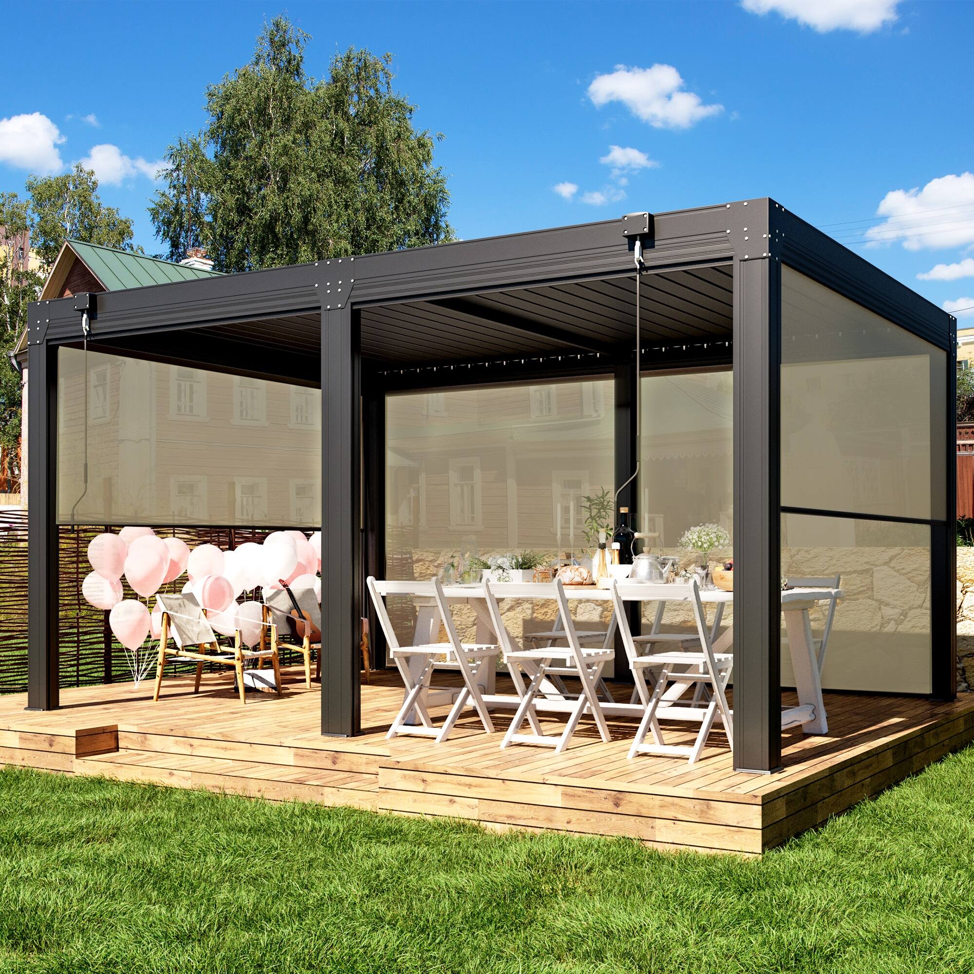 Left. U-HOMY - 12x16 ft Aluminum Pergola with Adjustable Rainproof Roof & Pull-Down Privacy Screens, Outdoor Hardtop Gazebo for Patio  - Dark Grey.