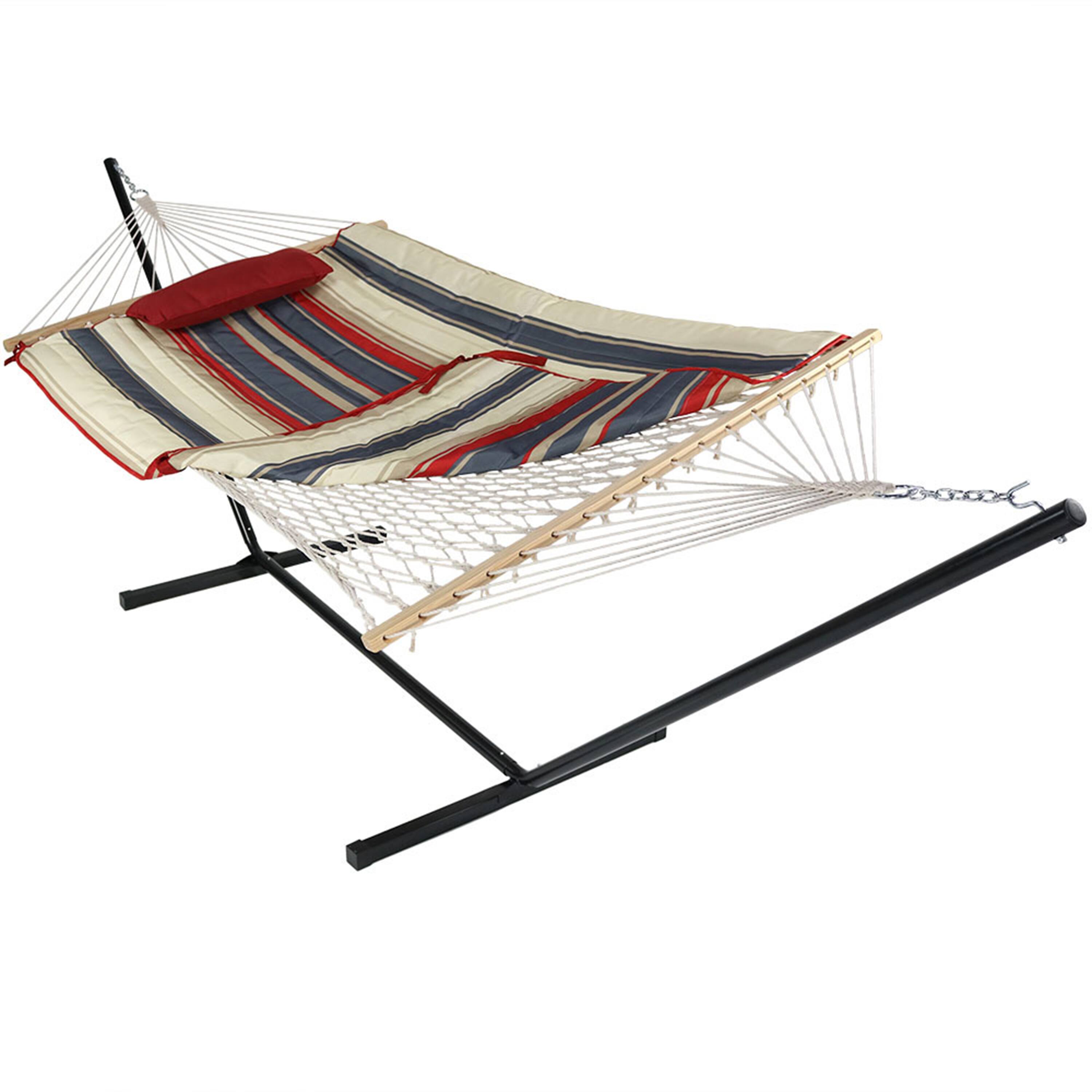 Front. Sunnydaze - Large Rope Hammock with Steel Stand and Pad/Pillow - Modern Lines.