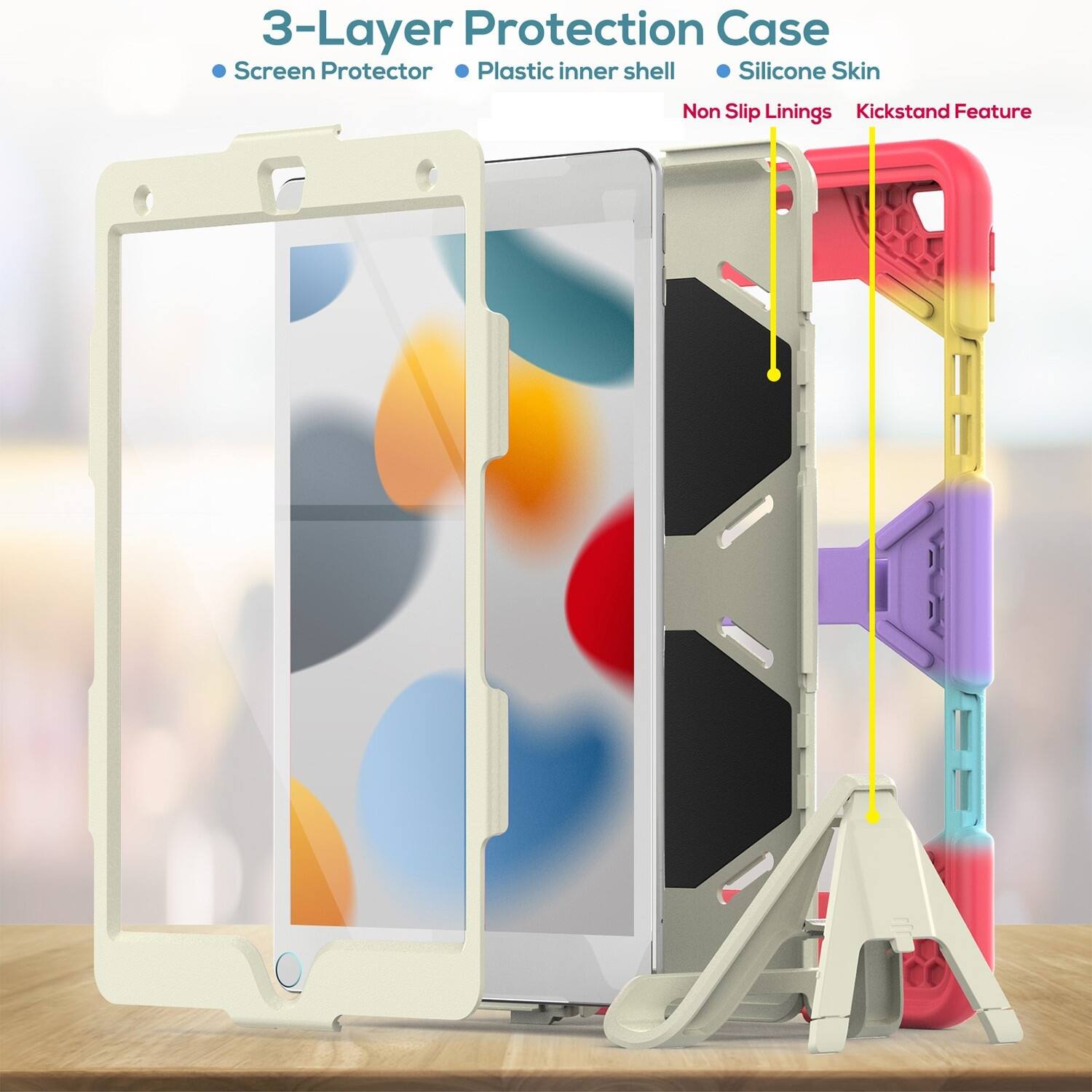 The image features a 3-layer protection case for a cell phone. The case includes a plastic inner shell, a silicone skin, and non-slip linings. Additionally, the case has a kickstand feature, allowing the phone to stand upright. The case is designed to protect the phone from scratches and other potential damage.