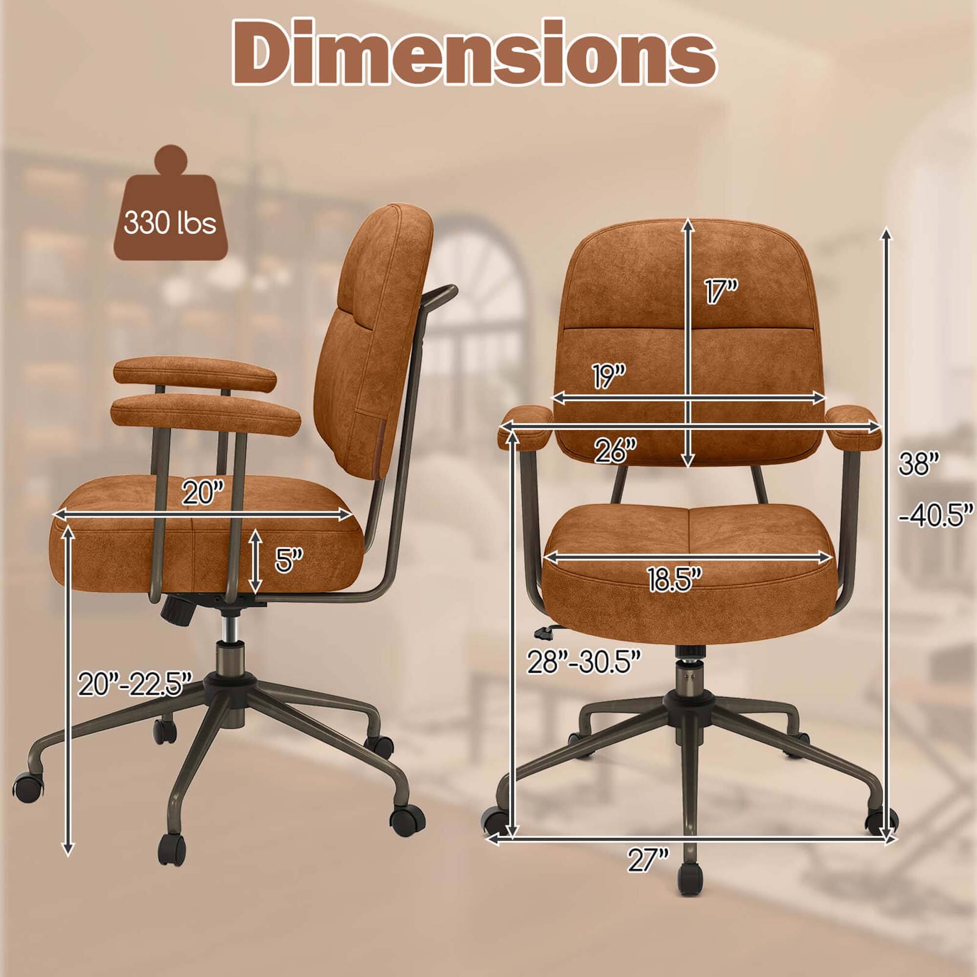 Dimensions: 330 lbs, 17" x 19" x 20" x 5" x 26" x 18.5" x 38" - 40.5" x 20" - 22.5" x 28" - 30.5" x 27".