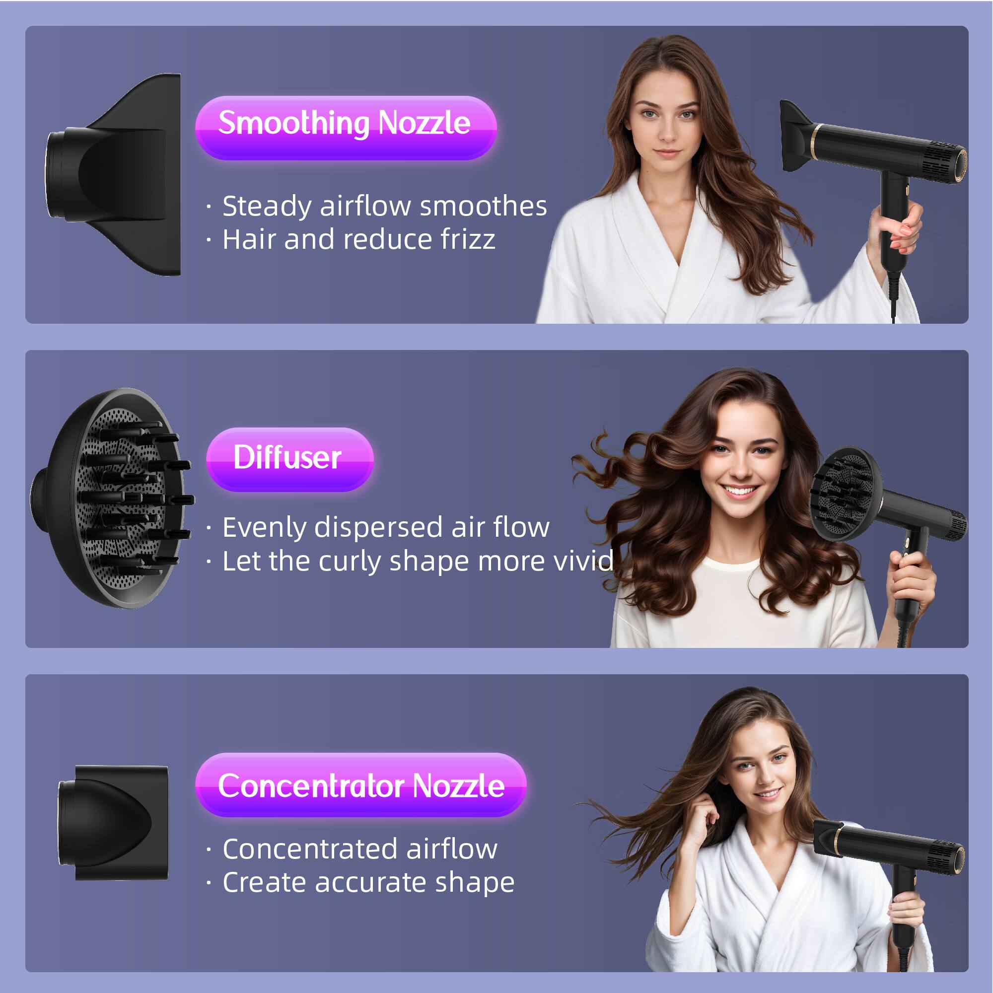 Smoothing Nozzle Steady airflow smoothes Hair and reduce frizz

Diffuser Evenly dispersed air flow Let the curly shape more vivid

Concentrator Nozzle Concentrated airflow Create accurate shape