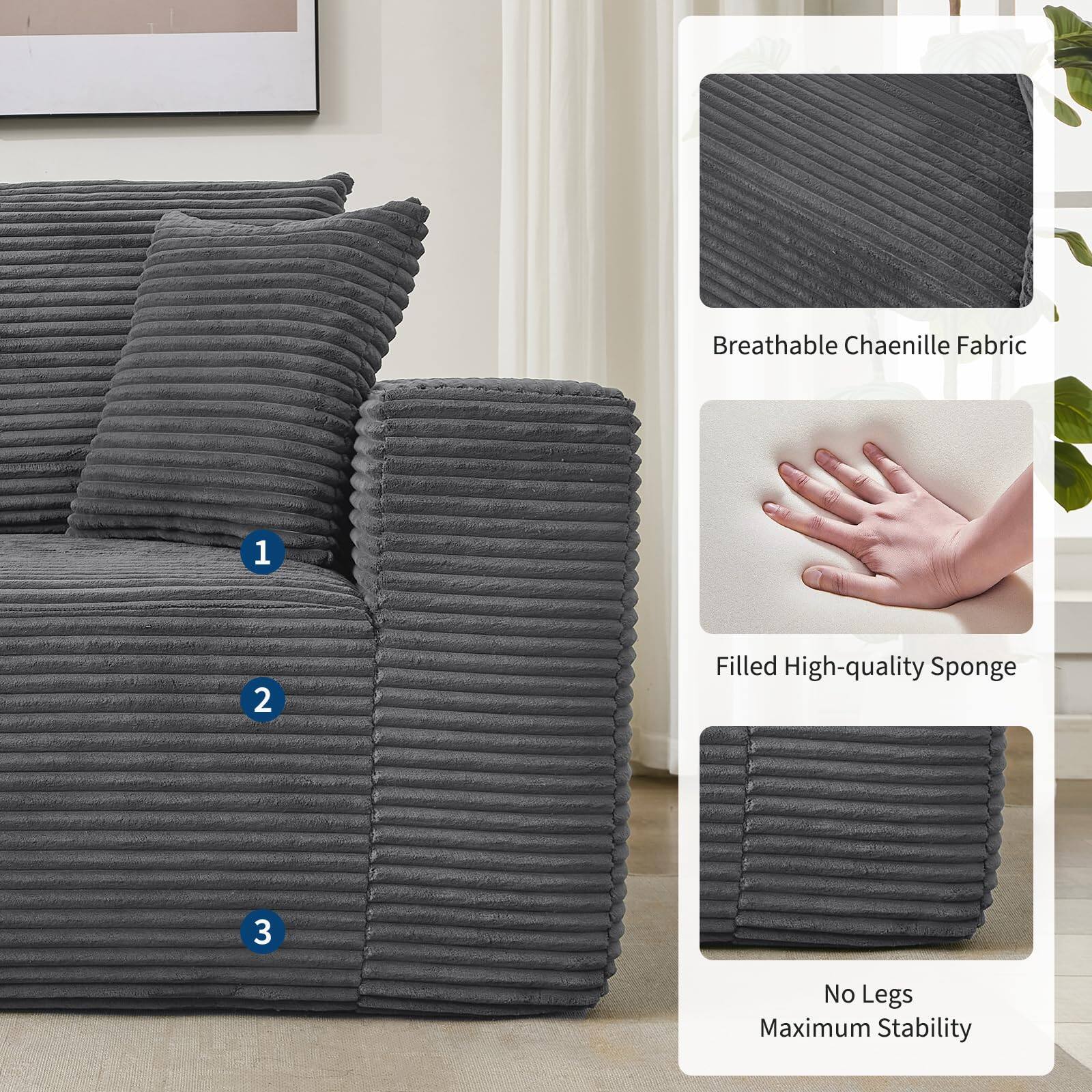 1. Breathable Chaenille Fabric  
2. Filled High-quality Sponge  
3. No Legs Maximum Stability