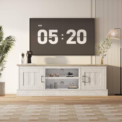 Front. Qeetex - Farmhouse TV Stand for 65" TVs, Wood Entertainment Center Media Console with Storage Cabinets & Adjustable Shelves - Gray.