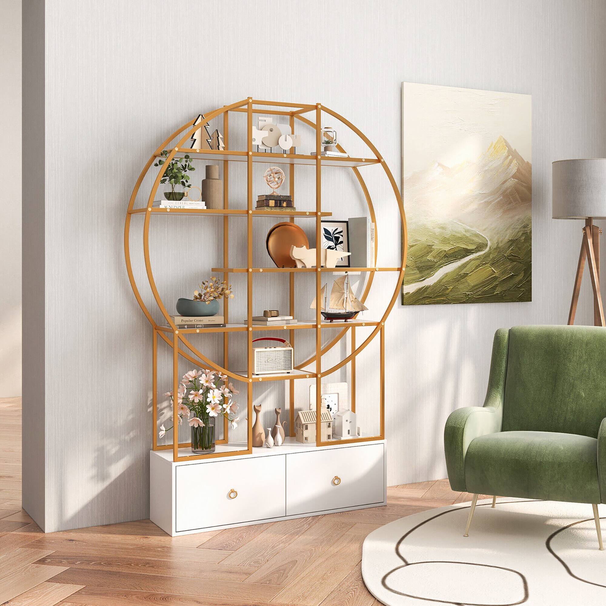 Alt View 1. Gymax - Gymax 71'' Tall Metal Bookcase 6-Tier Gold Bookshelf w/ 2 Storage Drawers Home Office - White, Gold.